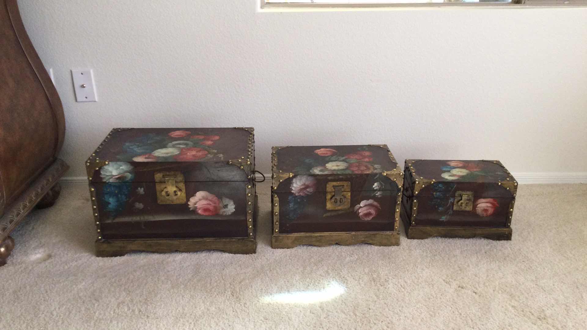 Photo 2 of HAND PAINTED WOOD NESTING BOXES W/BRASS HARDWARE (3)