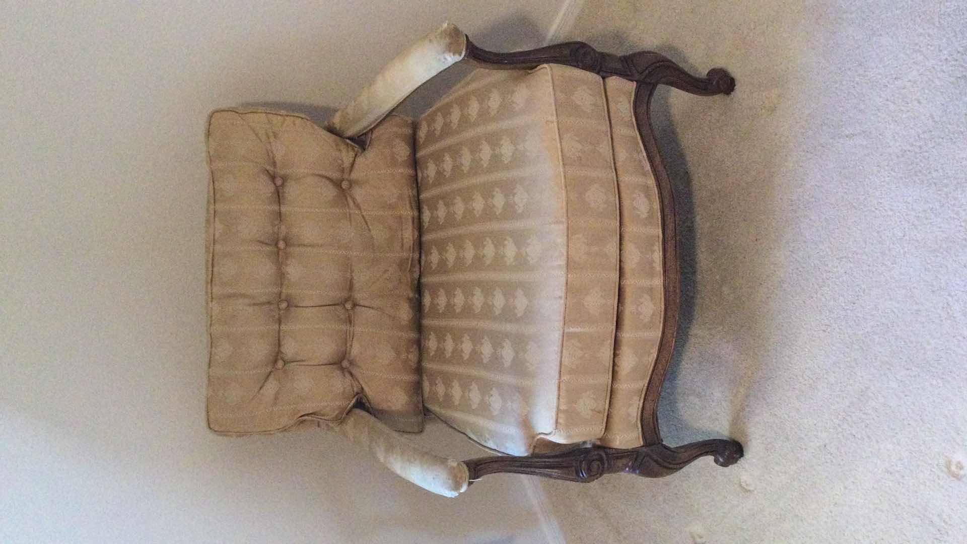 Photo 1 of CARVED WOOD UPHOLSTERED OVERSIZED ARM CHAIR