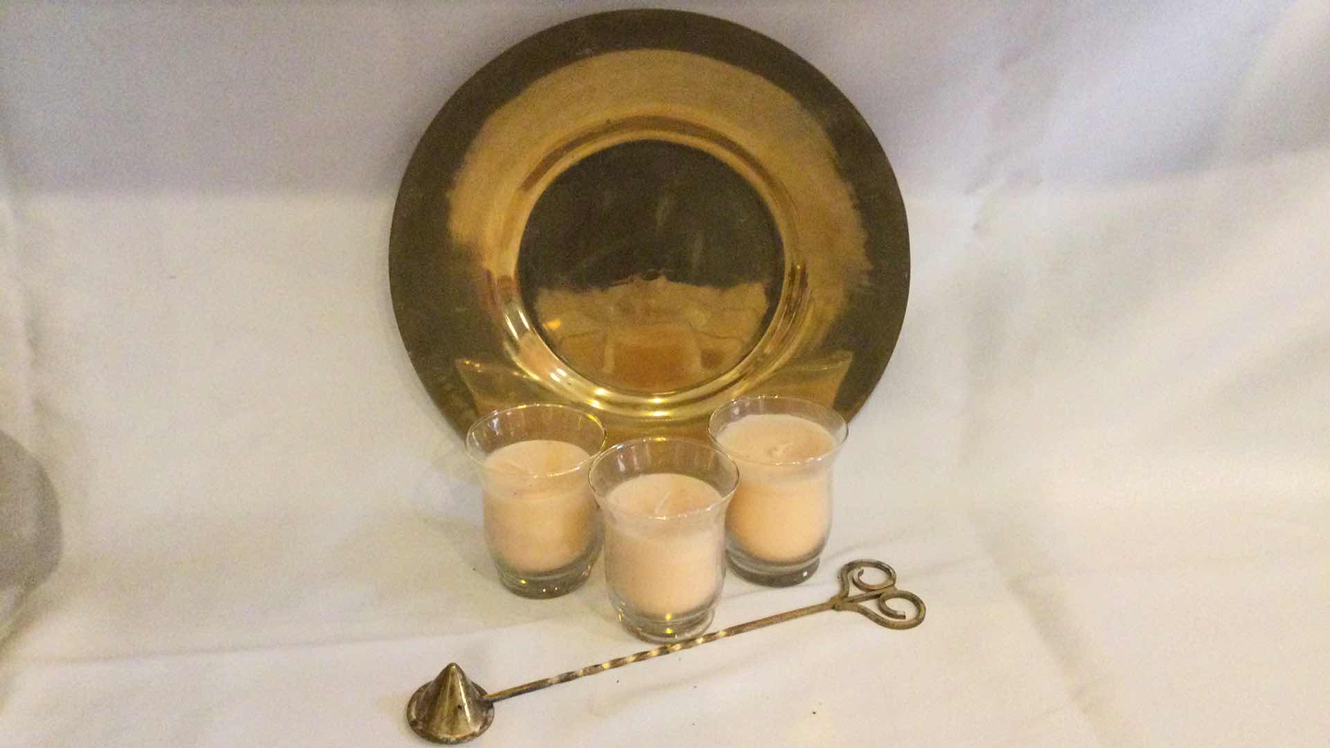 Photo 2 of BRASS 11.5” PLATE W/ JAR CANDLES (3) & SNUFFER