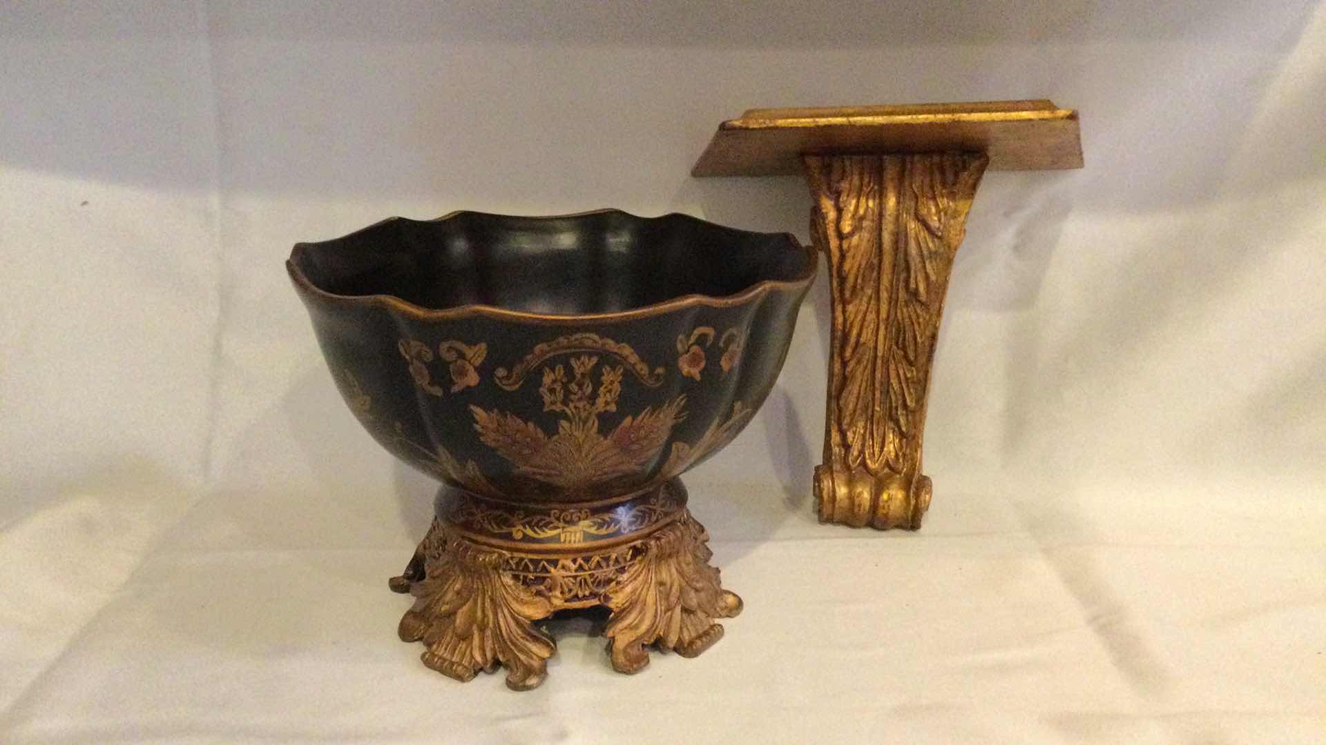 Photo 1 of BLACK W/GOLD HAND PAINTED DECORATIVE BOWL & CARVED WOOD GOLD WALL SCONCE