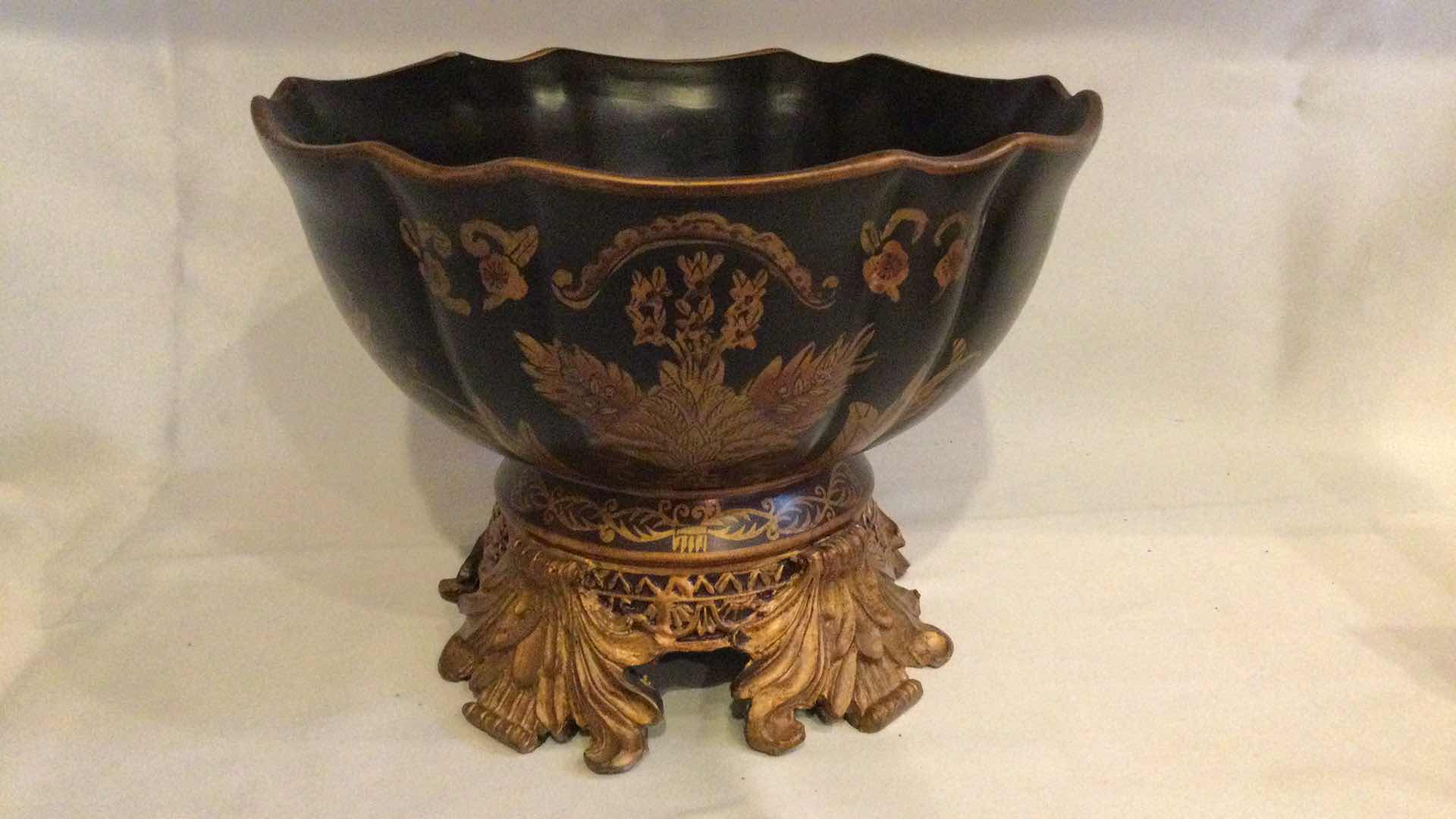 Photo 2 of BLACK W/GOLD HAND PAINTED DECORATIVE BOWL & CARVED WOOD GOLD WALL SCONCE