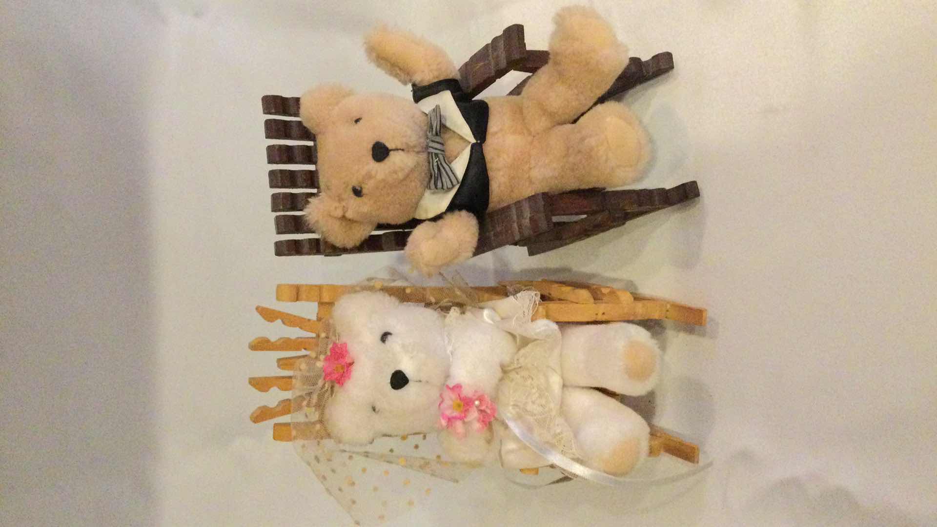 Photo 1 of BRIDE & GROOM PLUSH TEDDY BEARS IN ROCKING CHAIRS H 10”