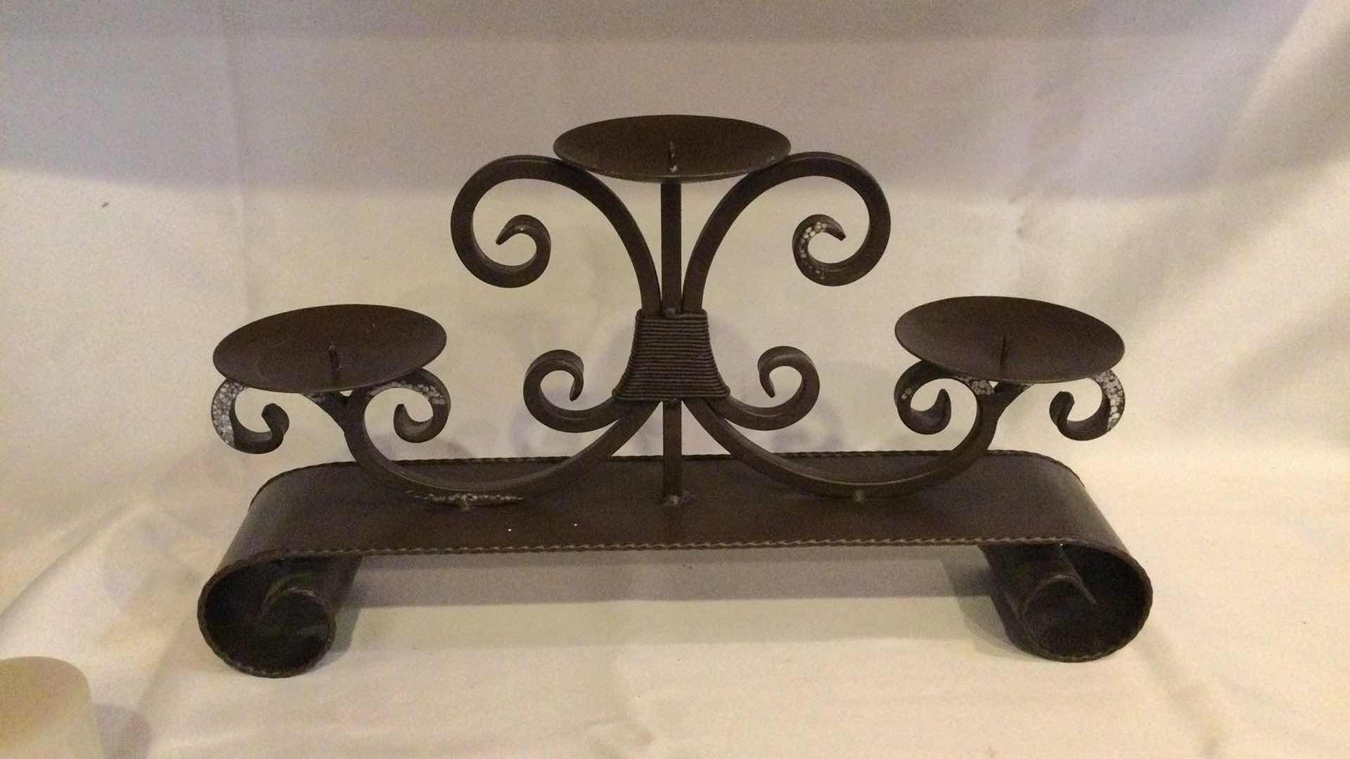Photo 2 of SCULPTED METAL BROWN FINISH 3- PILLAR CANDLE HOLDER 20” X 4” H 11”