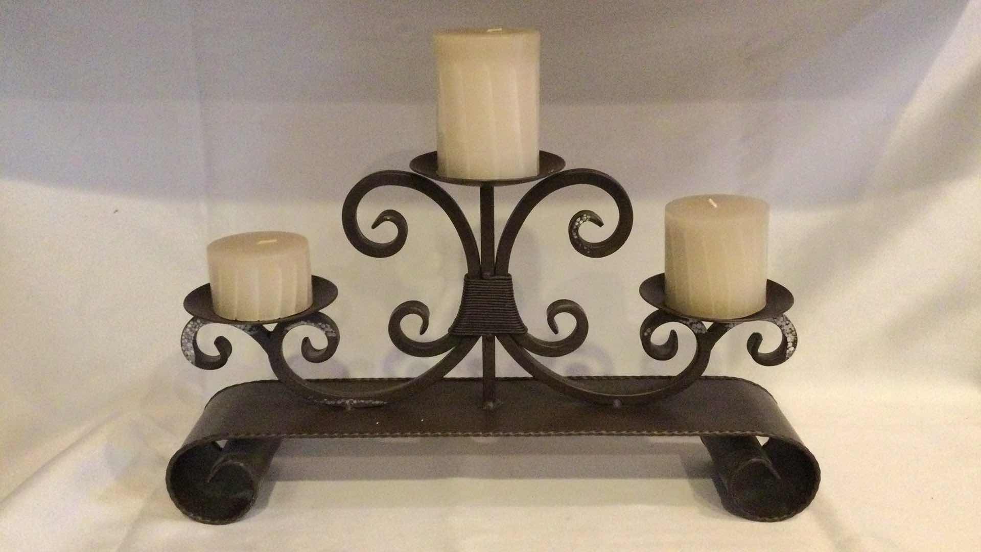 Photo 1 of SCULPTED METAL BROWN FINISH 3- PILLAR CANDLE HOLDER 20” X 4” H 11”