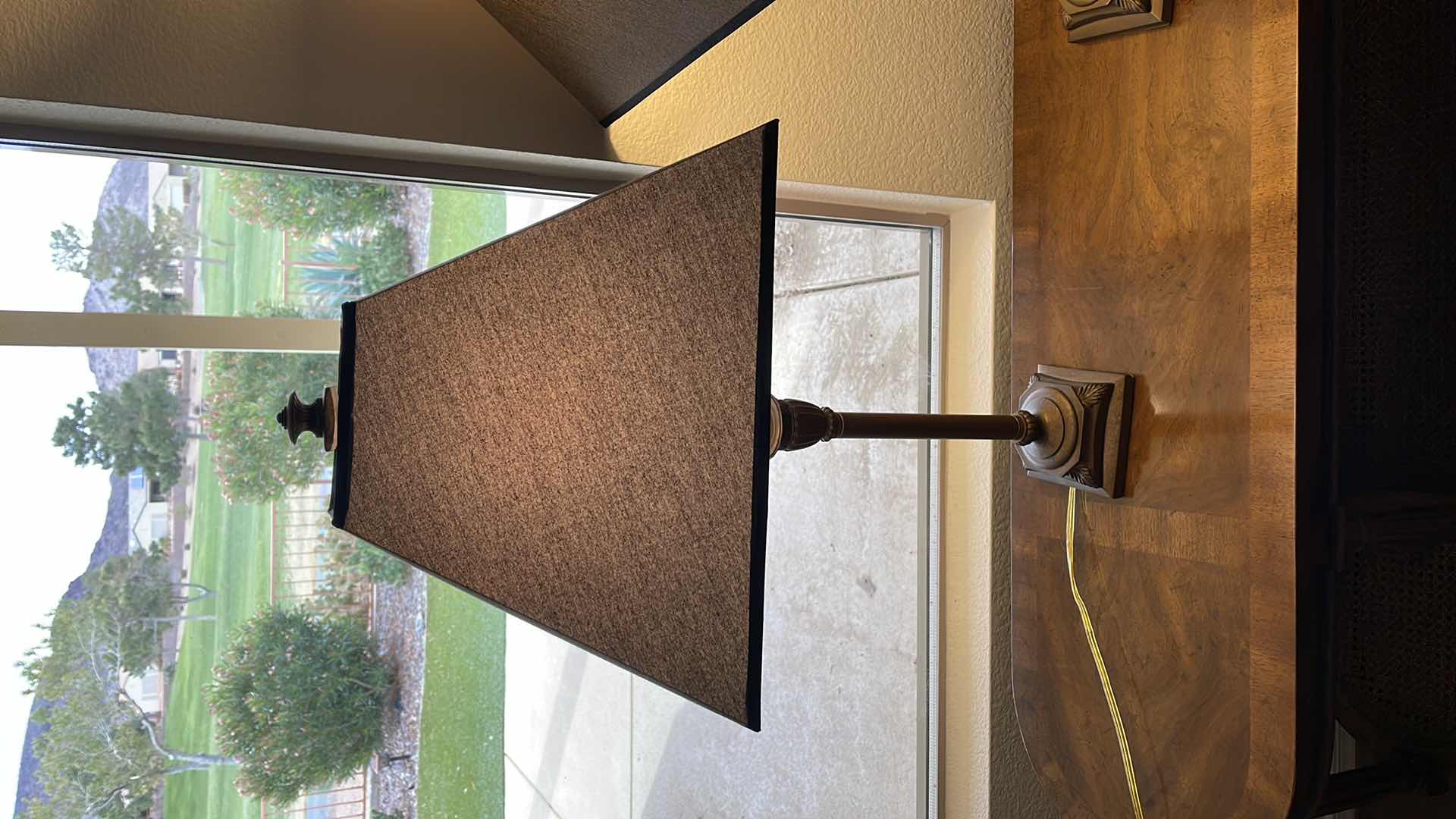 Photo 2 of TABLE LAMPS (2) W/ BROWN SHADE H 30” (ONE IS MISSING TOP SHADE HOLDER PIECE)