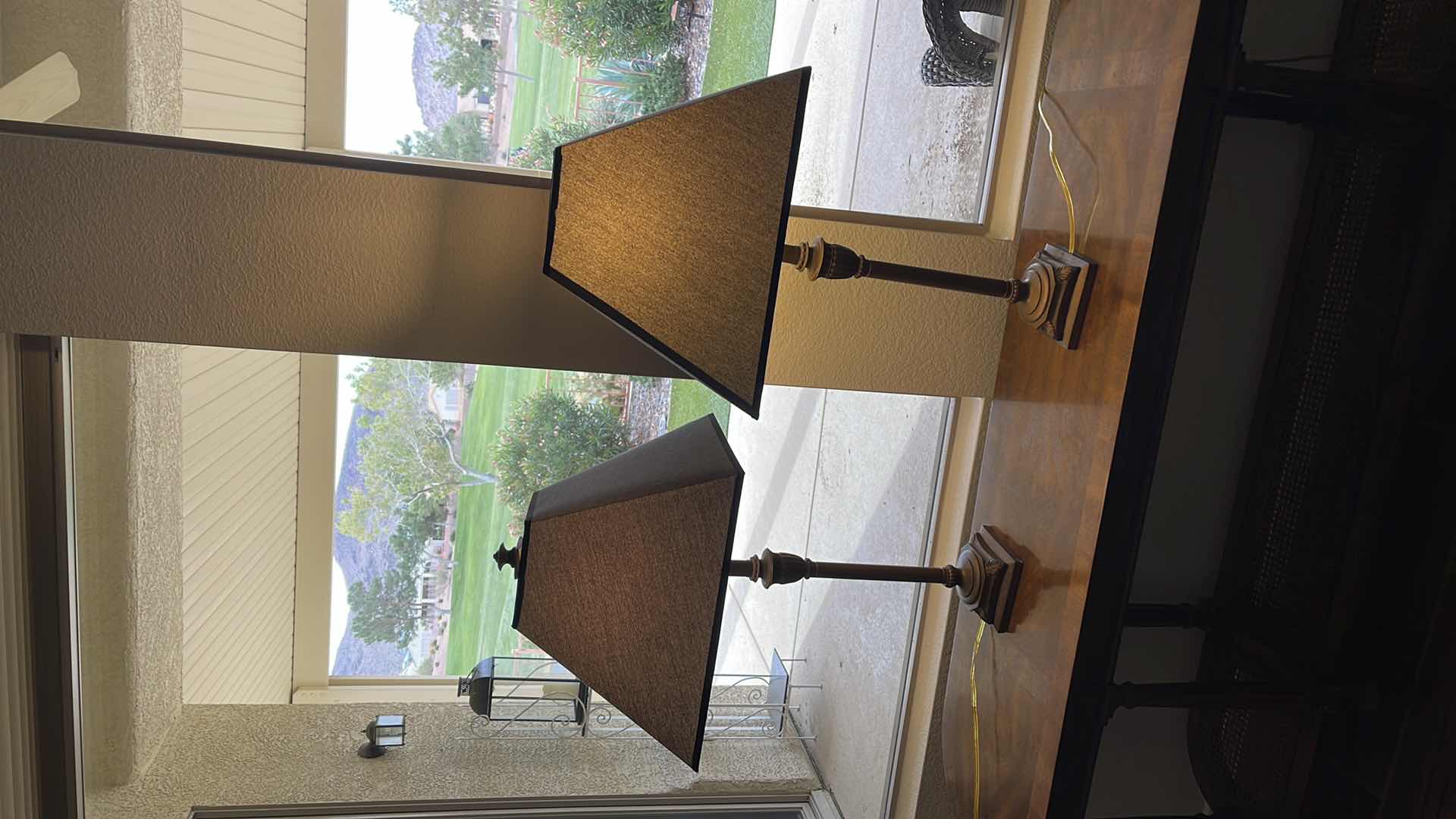 Photo 1 of TABLE LAMPS (2) W/ BROWN SHADE H 30” (ONE IS MISSING TOP SHADE HOLDER PIECE)