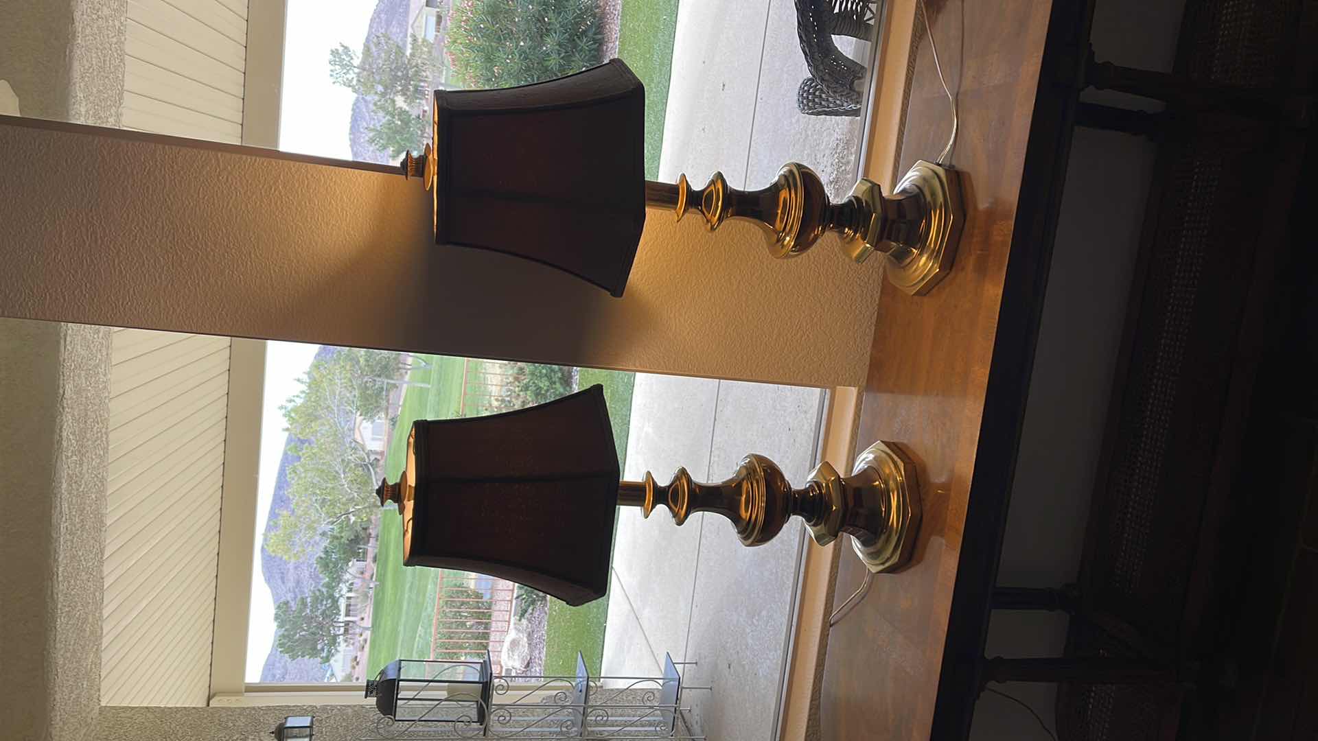 Photo 1 of BRASS TABLE LAMPS (2) W/ BROWN SHADE H 30”
