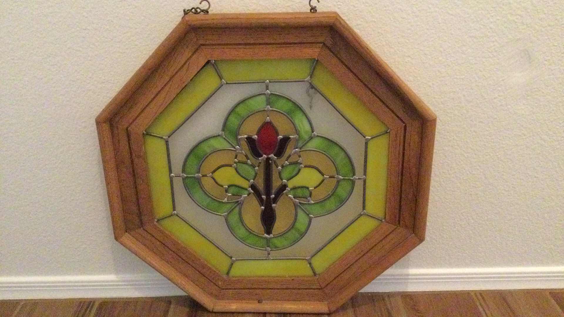 Photo 4 of WOOD FRAMED LEAD STAINED GLASS HANGING DECOR.  22.5” OCTAGONAL