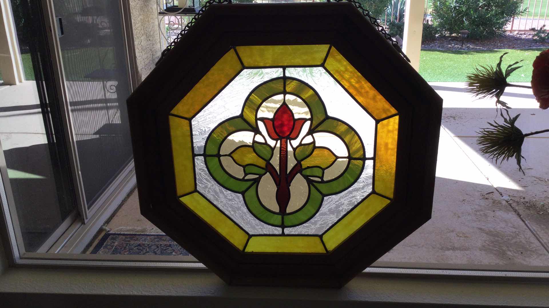 Photo 1 of WOOD FRAMED LEAD STAINED GLASS HANGING DECOR.  22.5” OCTAGONAL