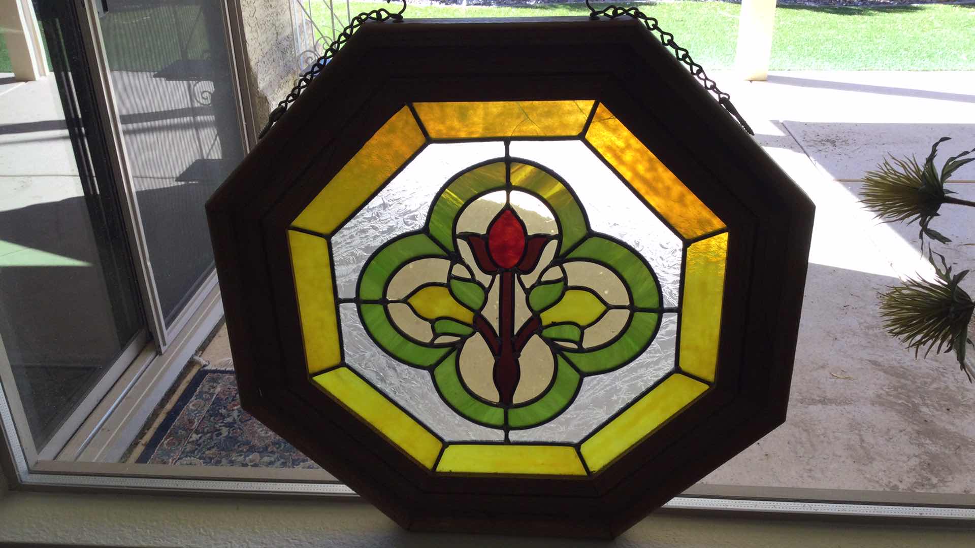 Photo 2 of WOOD FRAMED LEAD STAINED GLASS HANGING DECOR.  22.5” OCTAGONAL