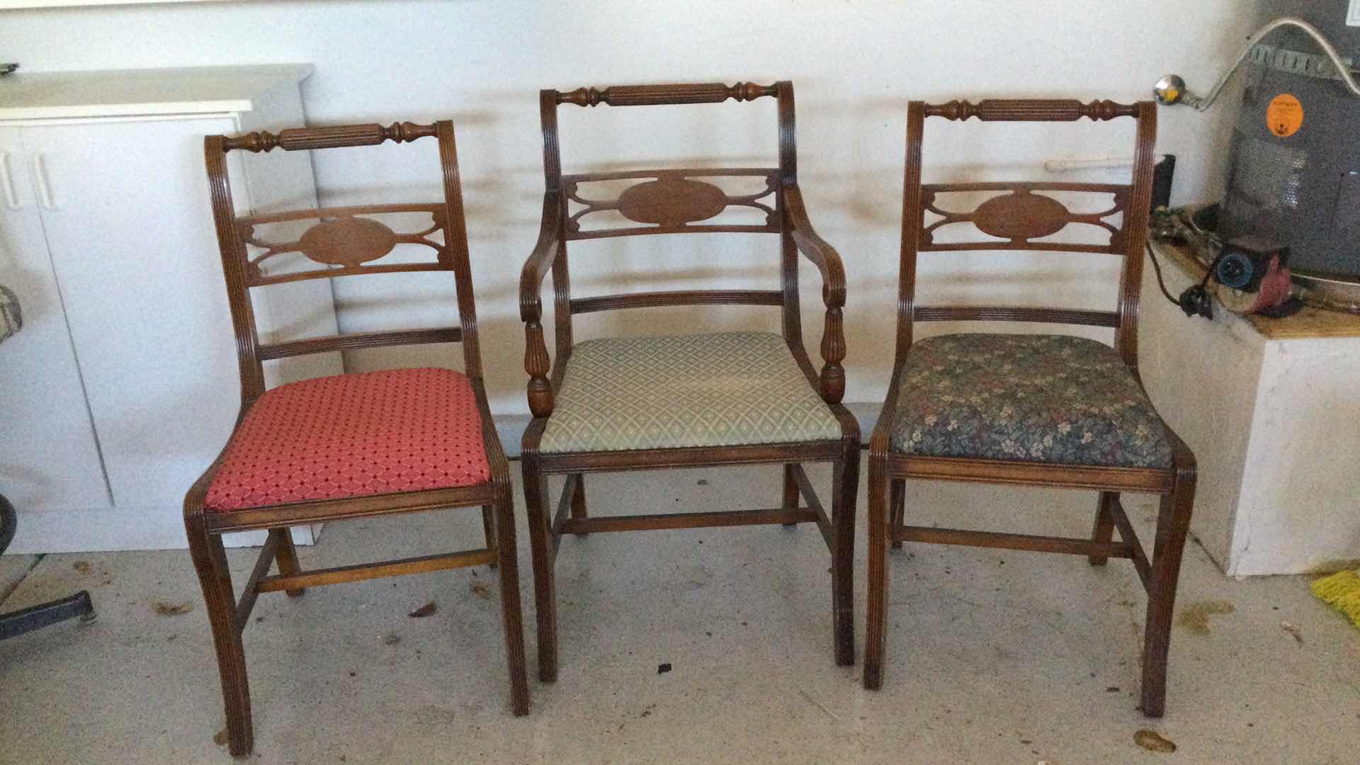 Photo 1 of VINTAGE WOOD FRAMED CHAIRS 1-ARMCHAIR W/ 2- SIDE CHAIRS