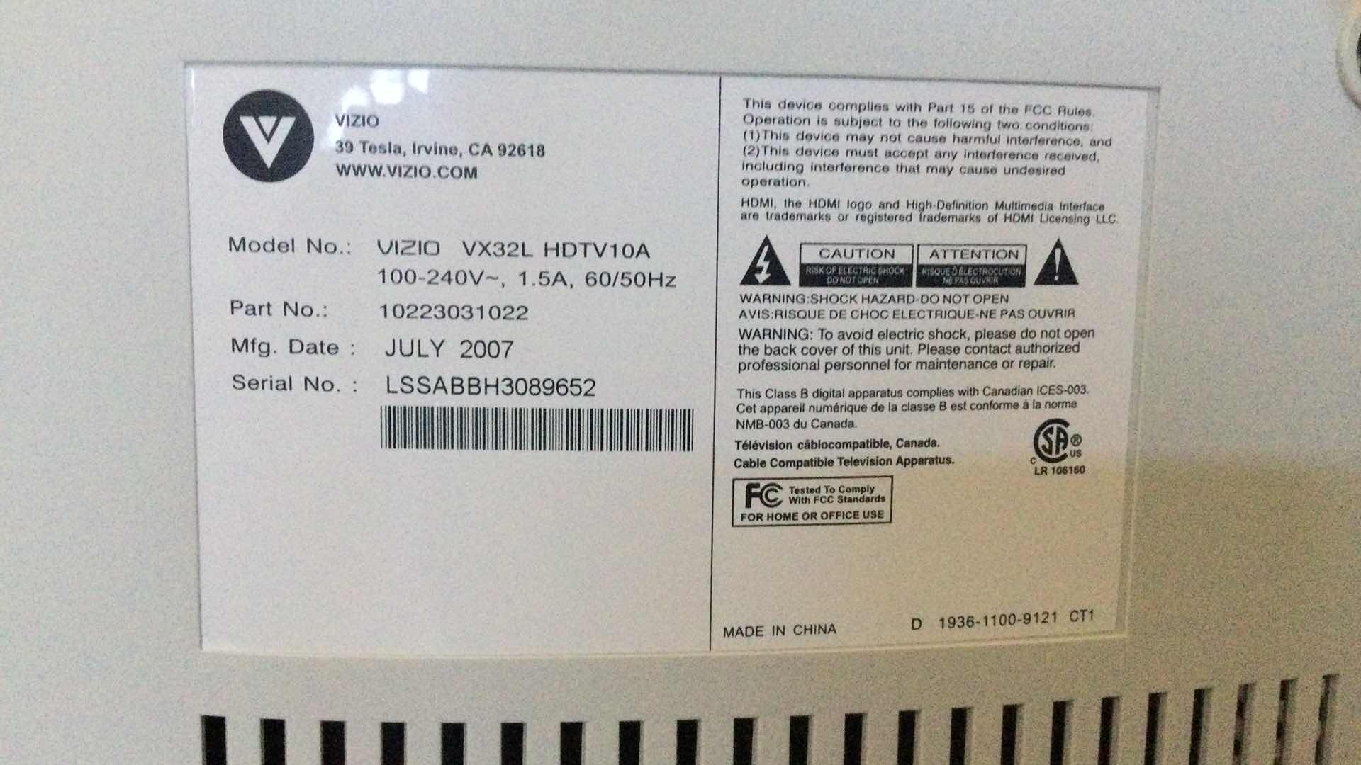 Photo 3 of VIZIO 32” HDMI/HDTV W. REMOTE (TESTED) # VX32L
