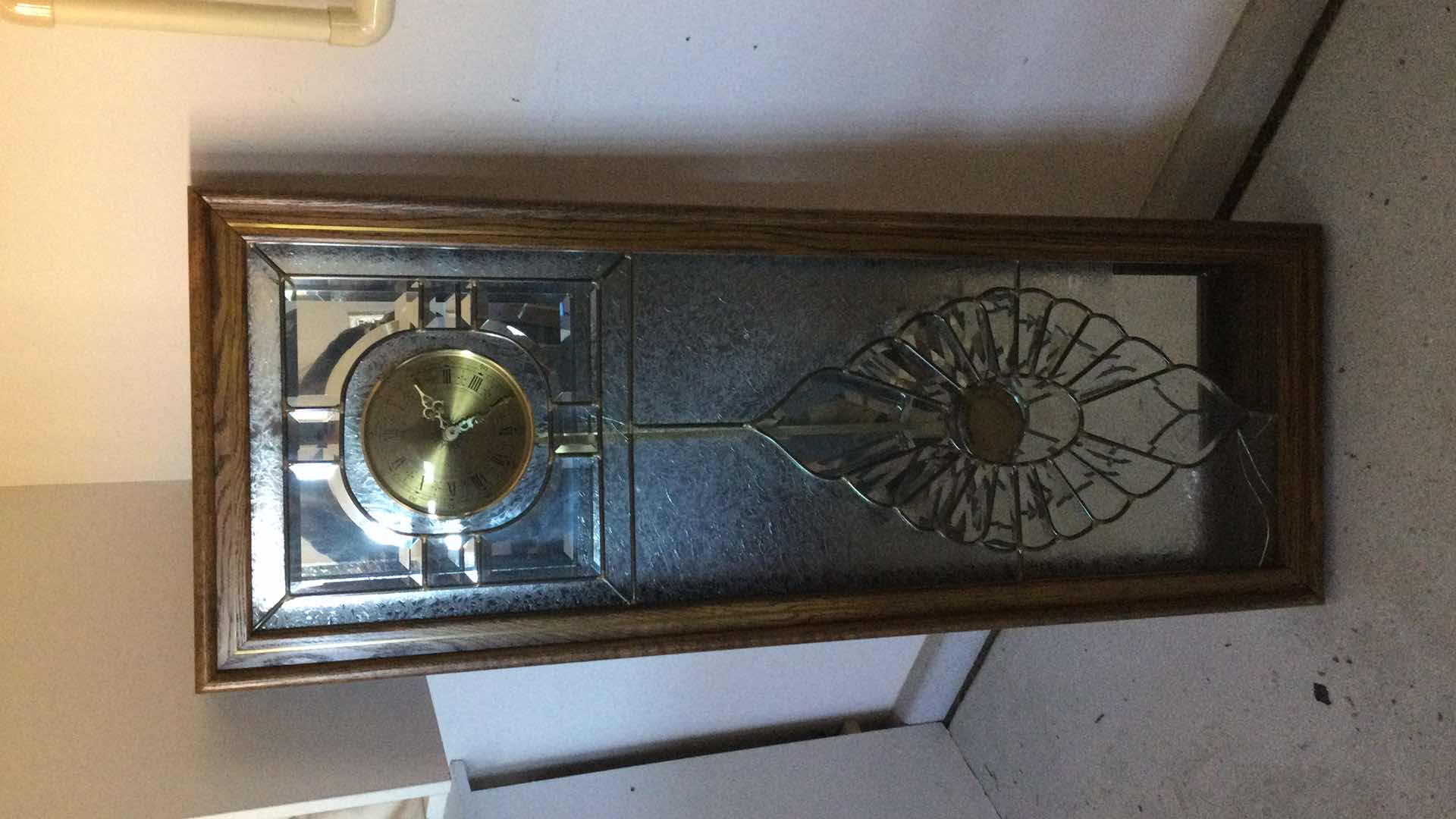 Photo 1 of VINTAGE GRANDMOTHERS CLOCK WOOD W/ LEAD BEVELED GLASS & ETCHED GLASS PANELS & BRASS PENDULUM 18.5” X 52” D 4”