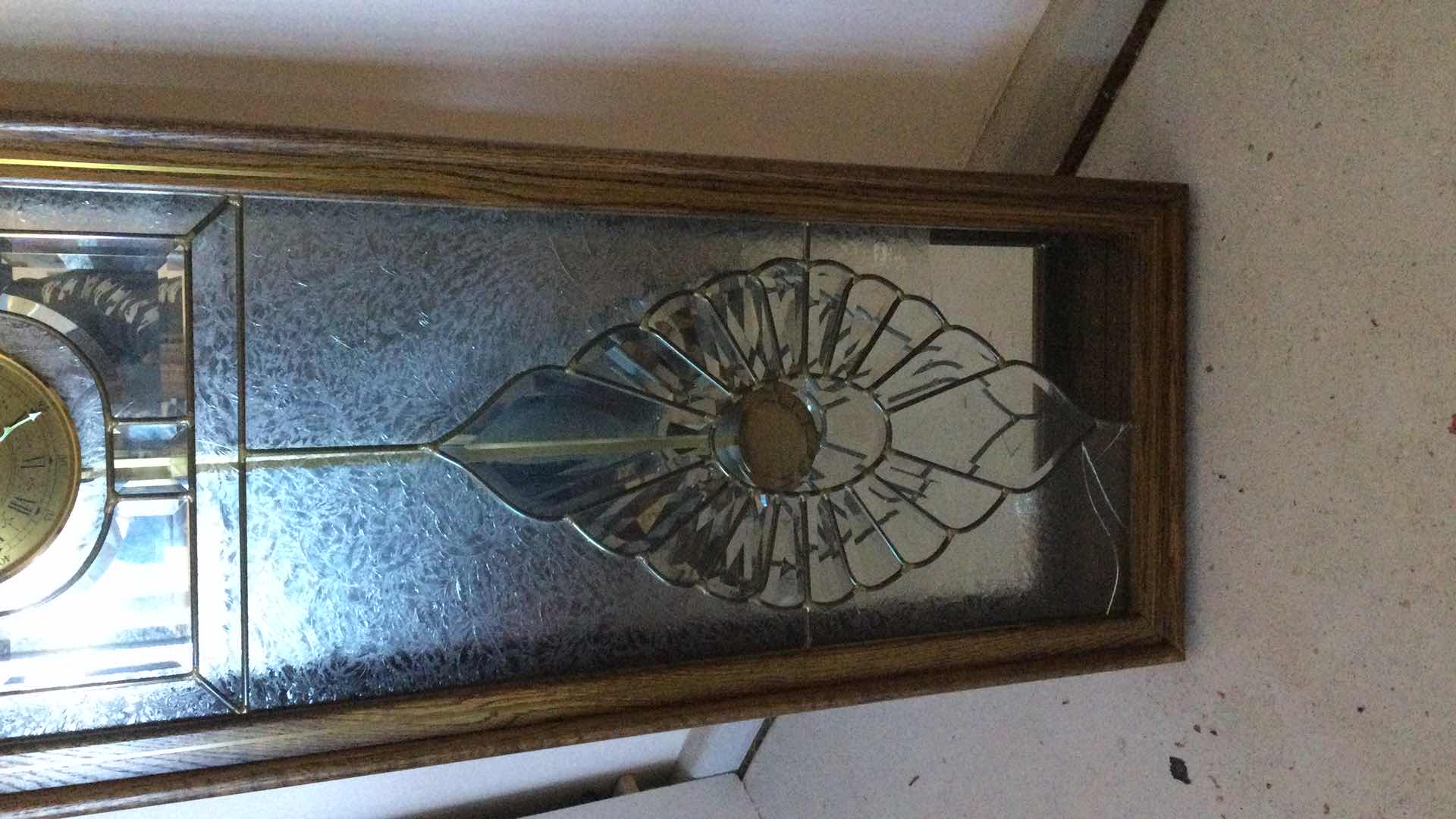 Photo 2 of VINTAGE GRANDMOTHERS CLOCK WOOD W/ LEAD BEVELED GLASS & ETCHED GLASS PANELS & BRASS PENDULUM 18.5” X 52” D 4”