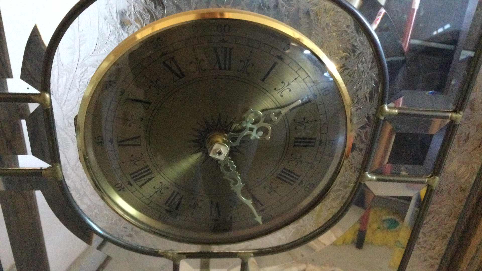 Photo 5 of VINTAGE GRANDMOTHERS CLOCK WOOD W/ LEAD BEVELED GLASS & ETCHED GLASS PANELS & BRASS PENDULUM 18.5” X 52” D 4”