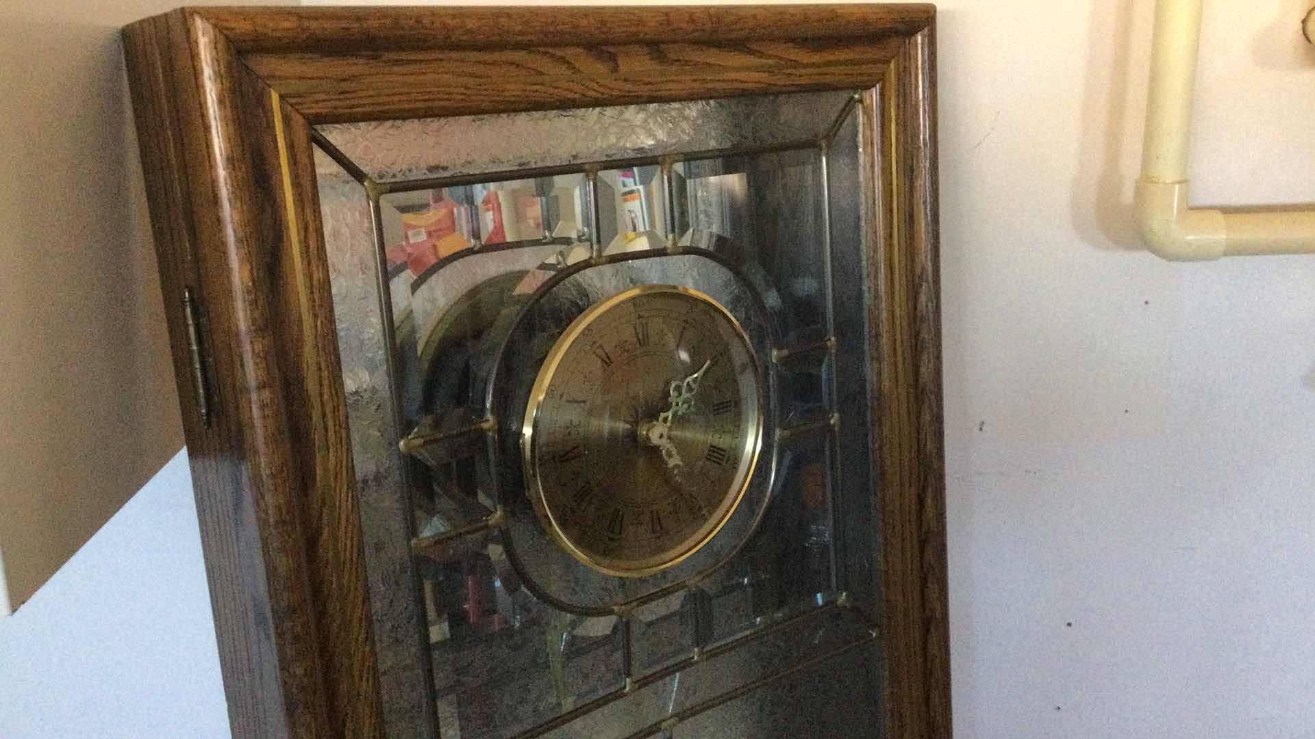 Photo 3 of VINTAGE GRANDMOTHERS CLOCK WOOD W/ LEAD BEVELED GLASS & ETCHED GLASS PANELS & BRASS PENDULUM 18.5” X 52” D 4”