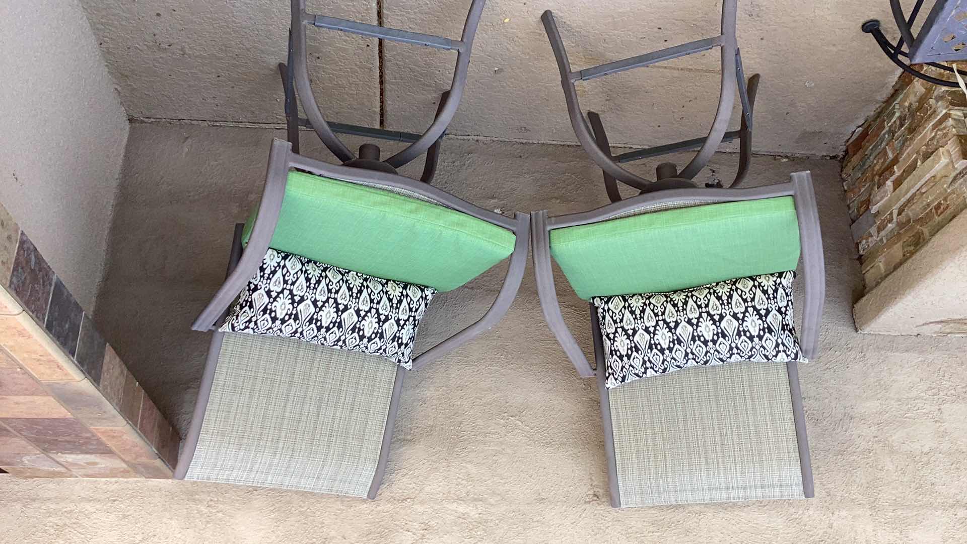 Photo 1 of PAIR OF OUTDOOR METAL BAR HEIGHT CHAIRS WITH CUSHIONS