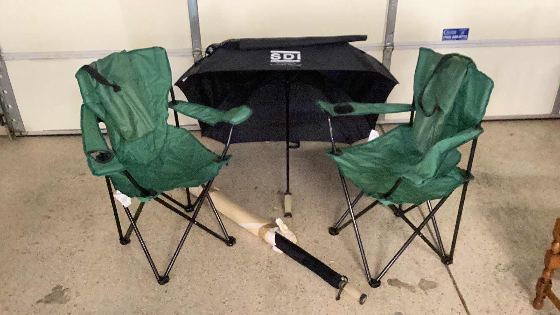 Photo 1 of 2-DICKS SPORTING GOODS CAMPING CHAIRS AND 2 LARGE SQUARE UMBRELLAS