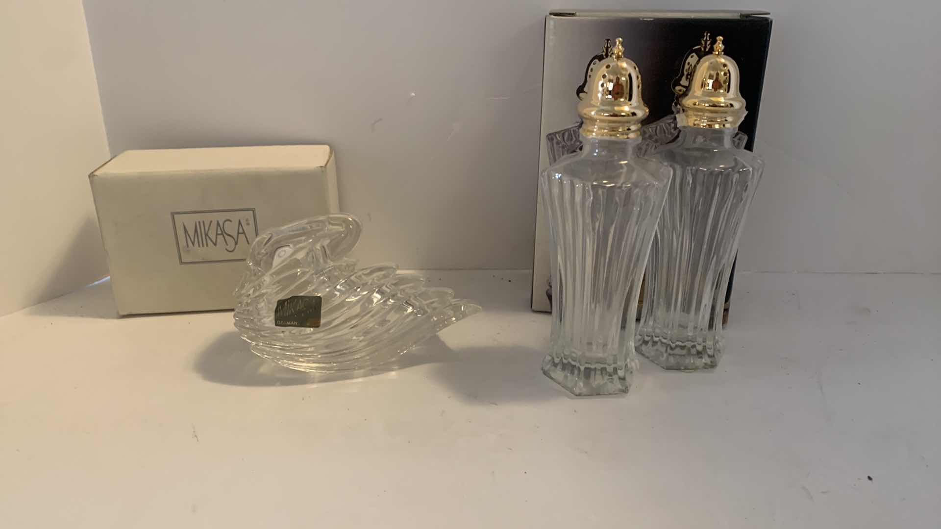 Photo 6 of NEW MIKASA SALT AND PEPPER SHAKERS AND SWAN BOX