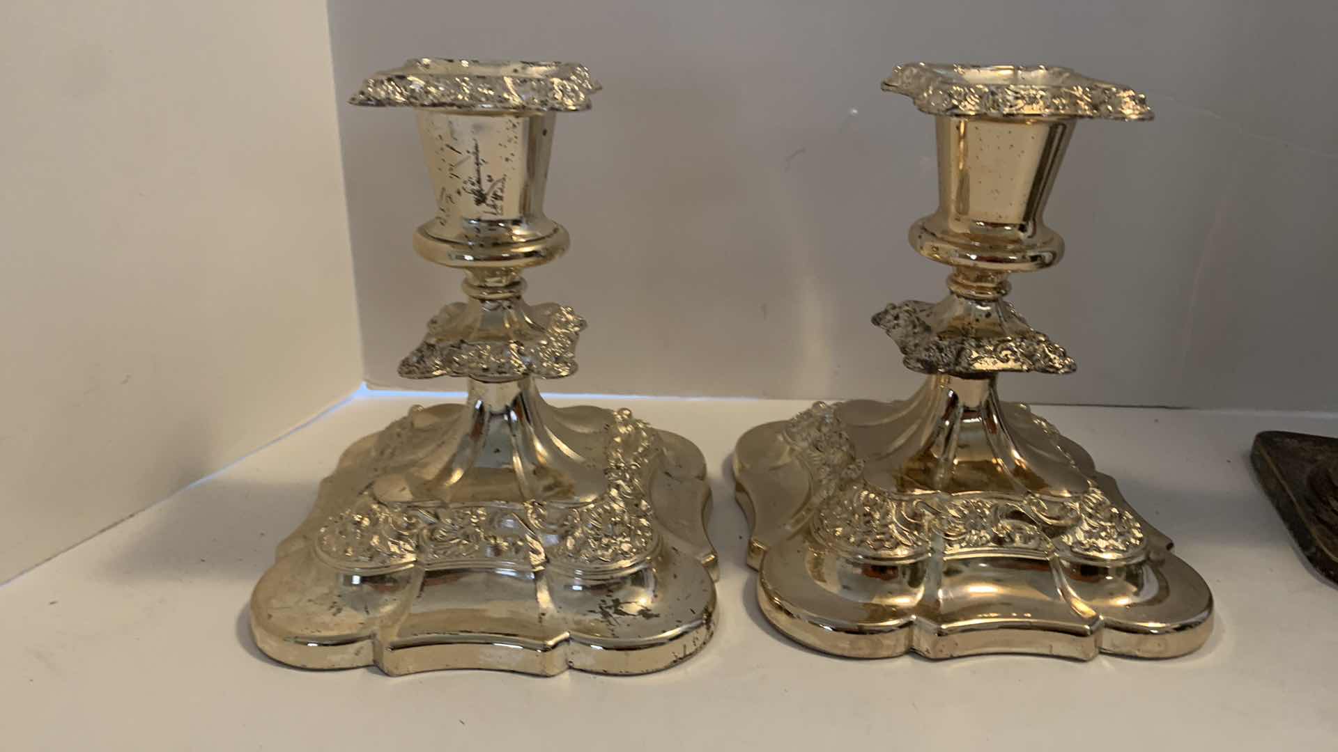 Photo 3 of 2 SETS CANDLE HOLDERS, ONE IS STAMPED STERLING SILVER, THE OTHER MADE IN BRITAIN