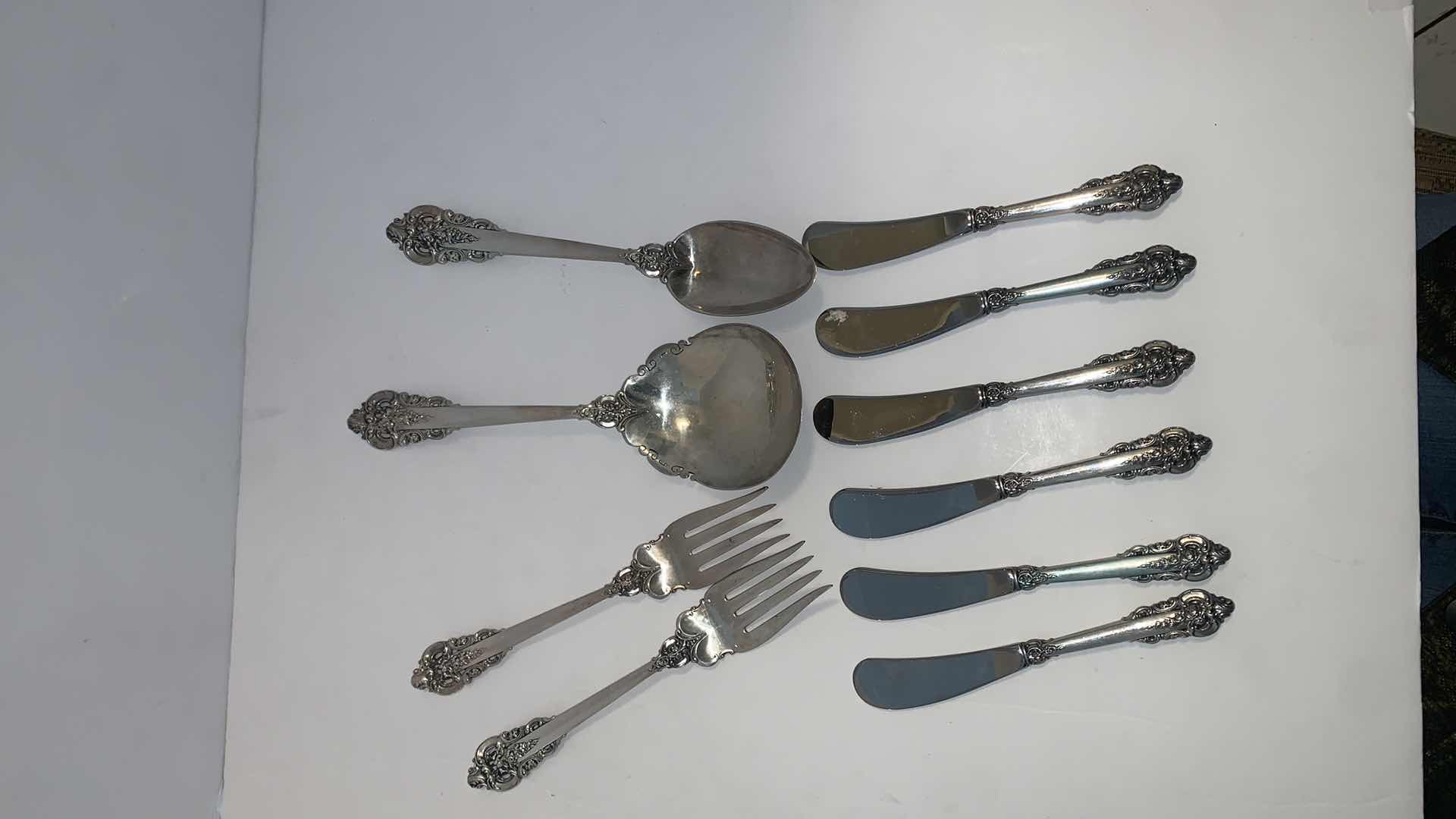 Photo 1 of 10 PIECES WALLACE STERLING SILVERWARE, SILVER HANDLES W STAINLESS STEEL BLADES