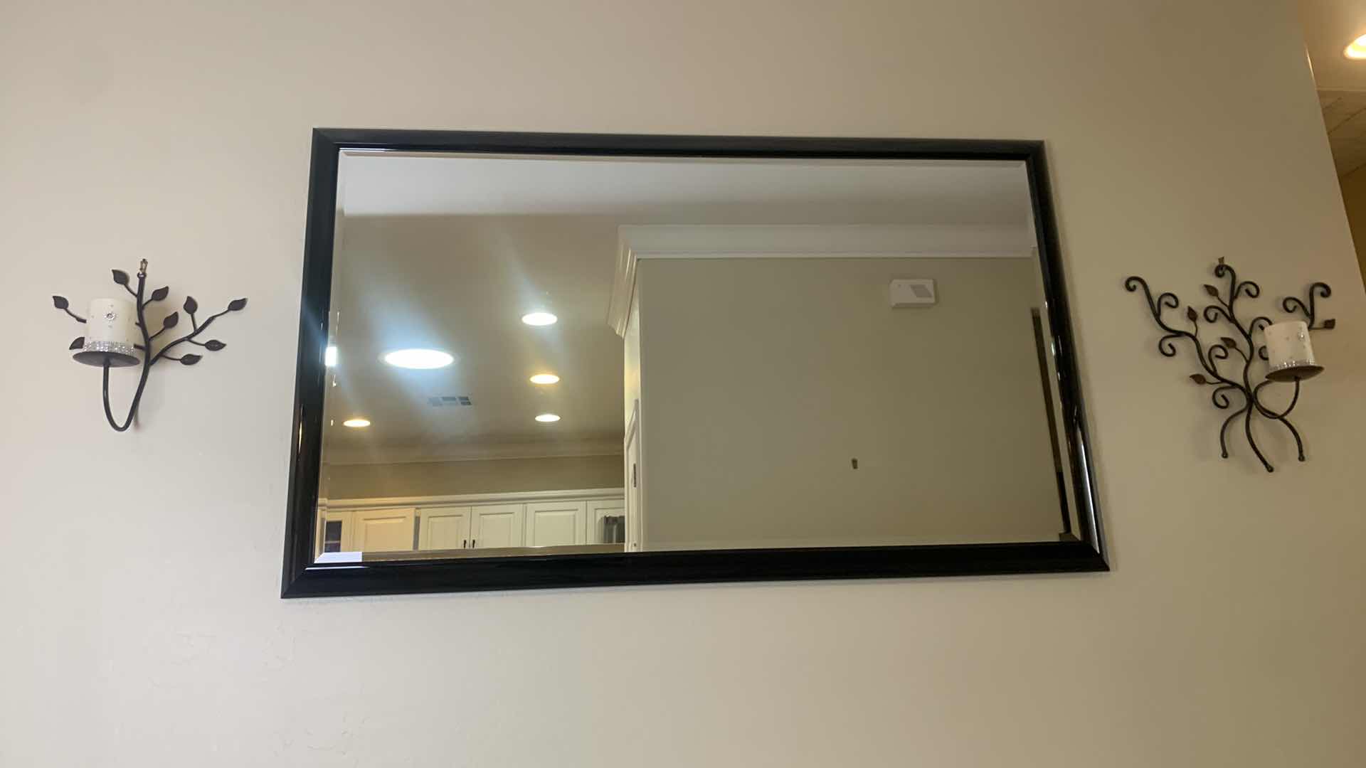 Photo 7 of BLACK LACQUER FRAMED BEVELED GLASS MIRROR 60” x 36” W TWO METAL SCULPTURED SCONCES