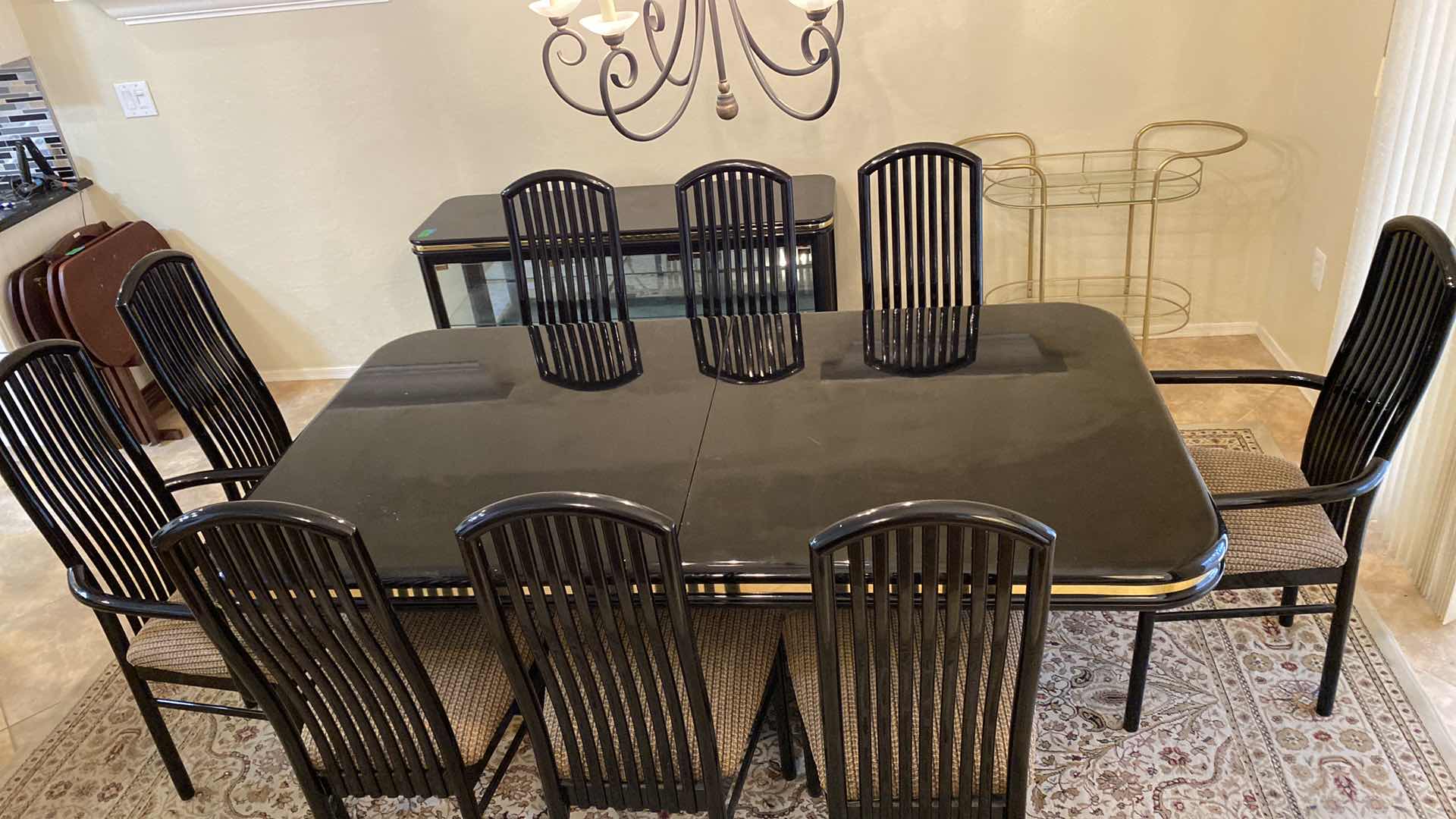 Photo 2 of BLACK LACQUER TABLE WITH 9 CHAIRS 73” X 42” H29” AND 18" LEAF EXTENDING TABLE TO 91" 