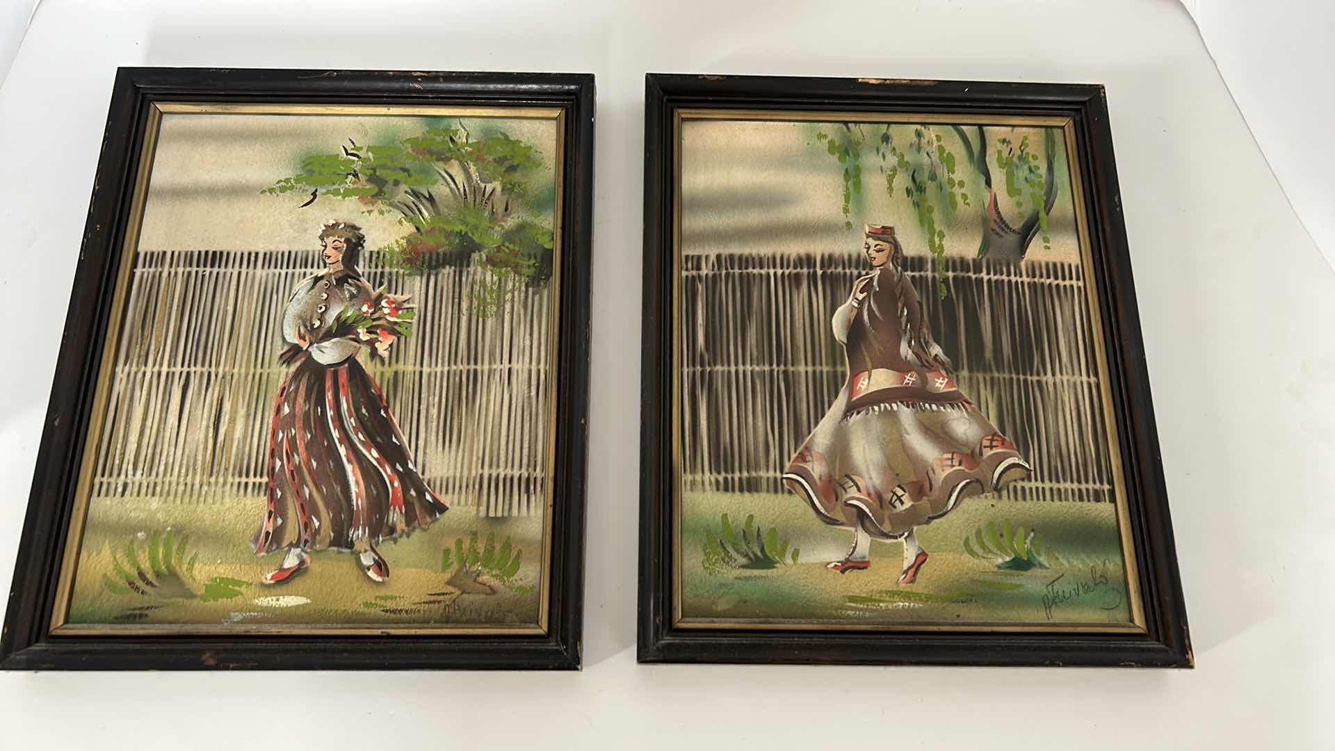 Photo 1 of ARTWORK 2 FRAMED LATZIAN TRADITIONAL FOLK COSTUMES, SIGNED 9” x 11”