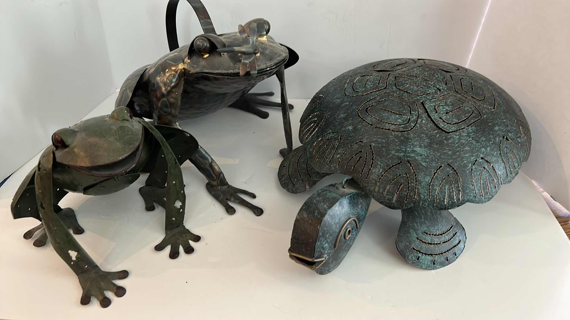 Photo 1 of INDOOR OUTDOOR HOME DECOR, 3 METAL SCULPTURES, FROGS AND TURTLE