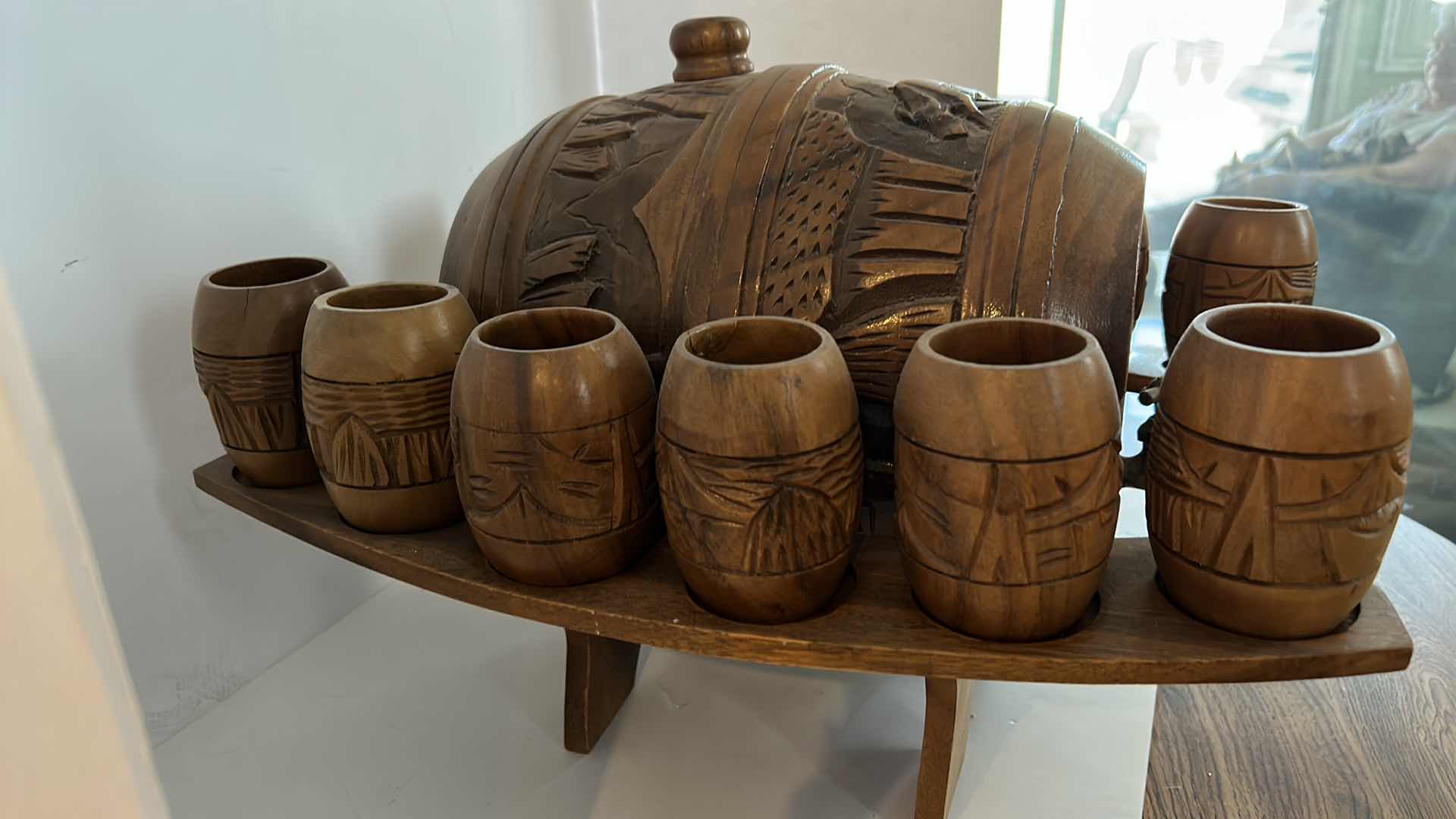 Photo 3 of CARVED WOOD BEER STEIN AND 12 GOBLETS  15” x 18” x H12”