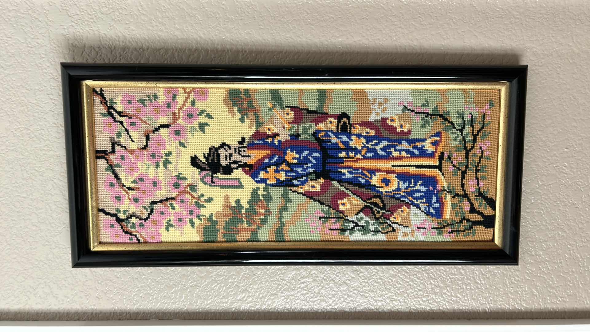 Photo 5 of ARTWORK, BLACK AND GOLD FRAMED ASIAN NEEDLEPOINT 10” x 22”