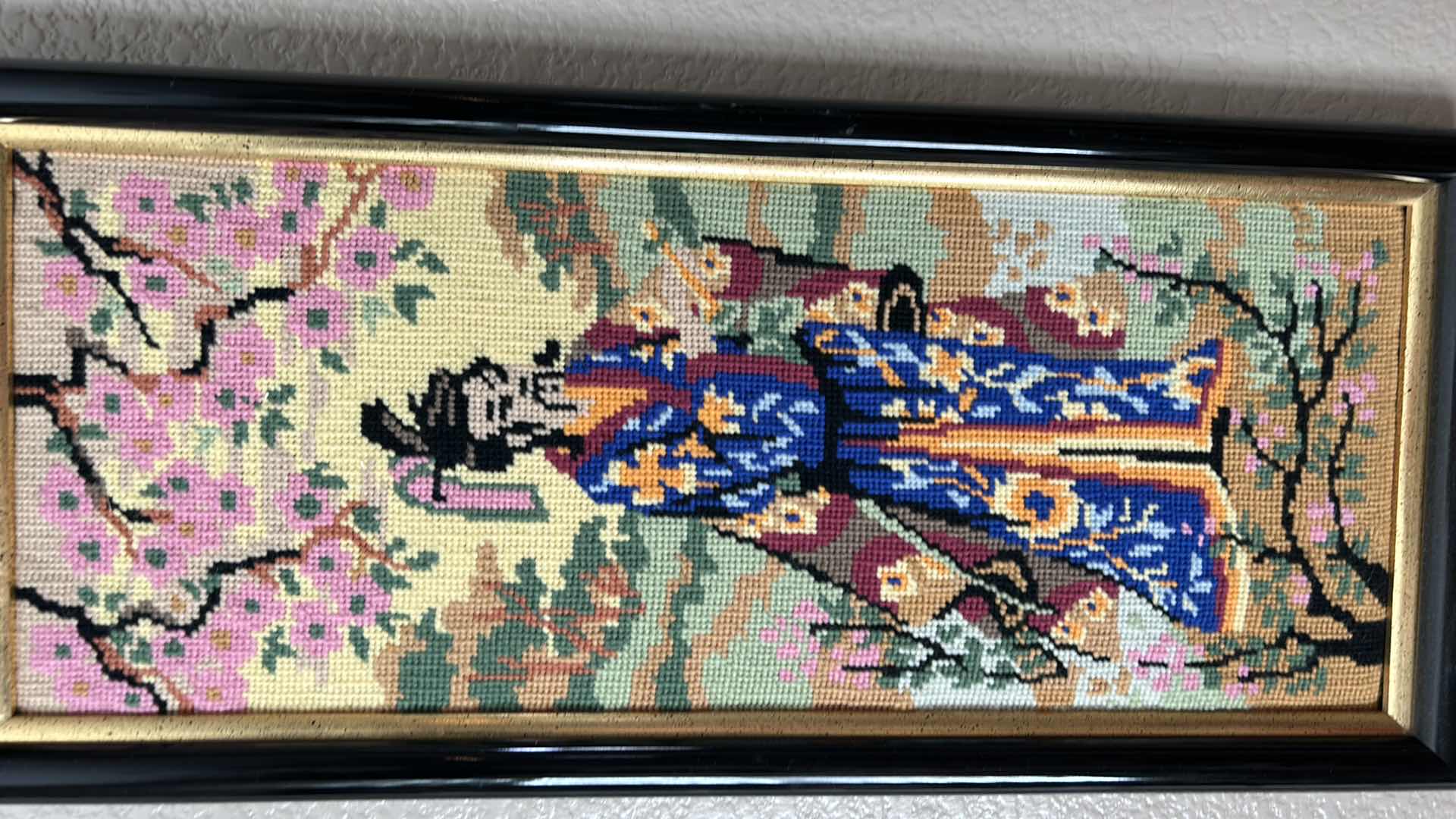 Photo 2 of ARTWORK, BLACK AND GOLD FRAMED ASIAN NEEDLEPOINT 10” x 22”