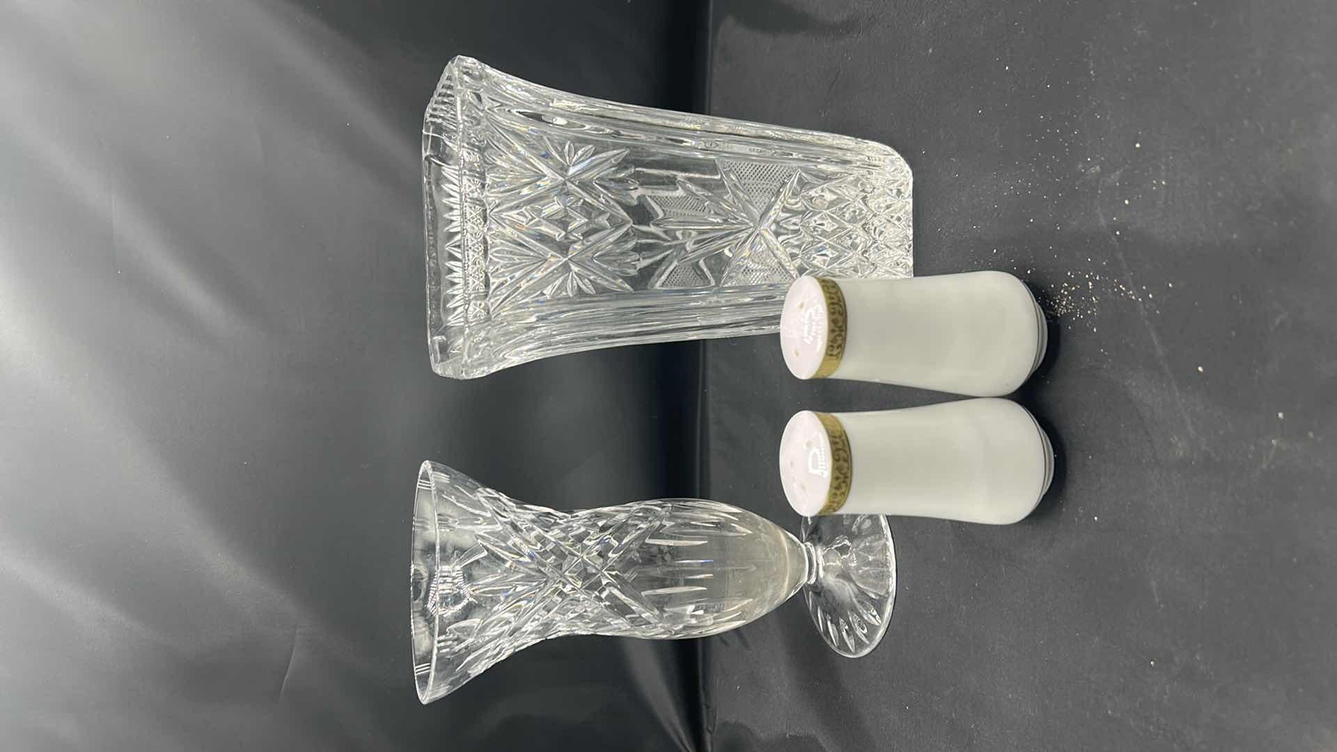 Photo 5 of 2 WATERFORD CRYSTAL VASES H8.25” AND WHITE SALT AND PEPPER SHAKERS