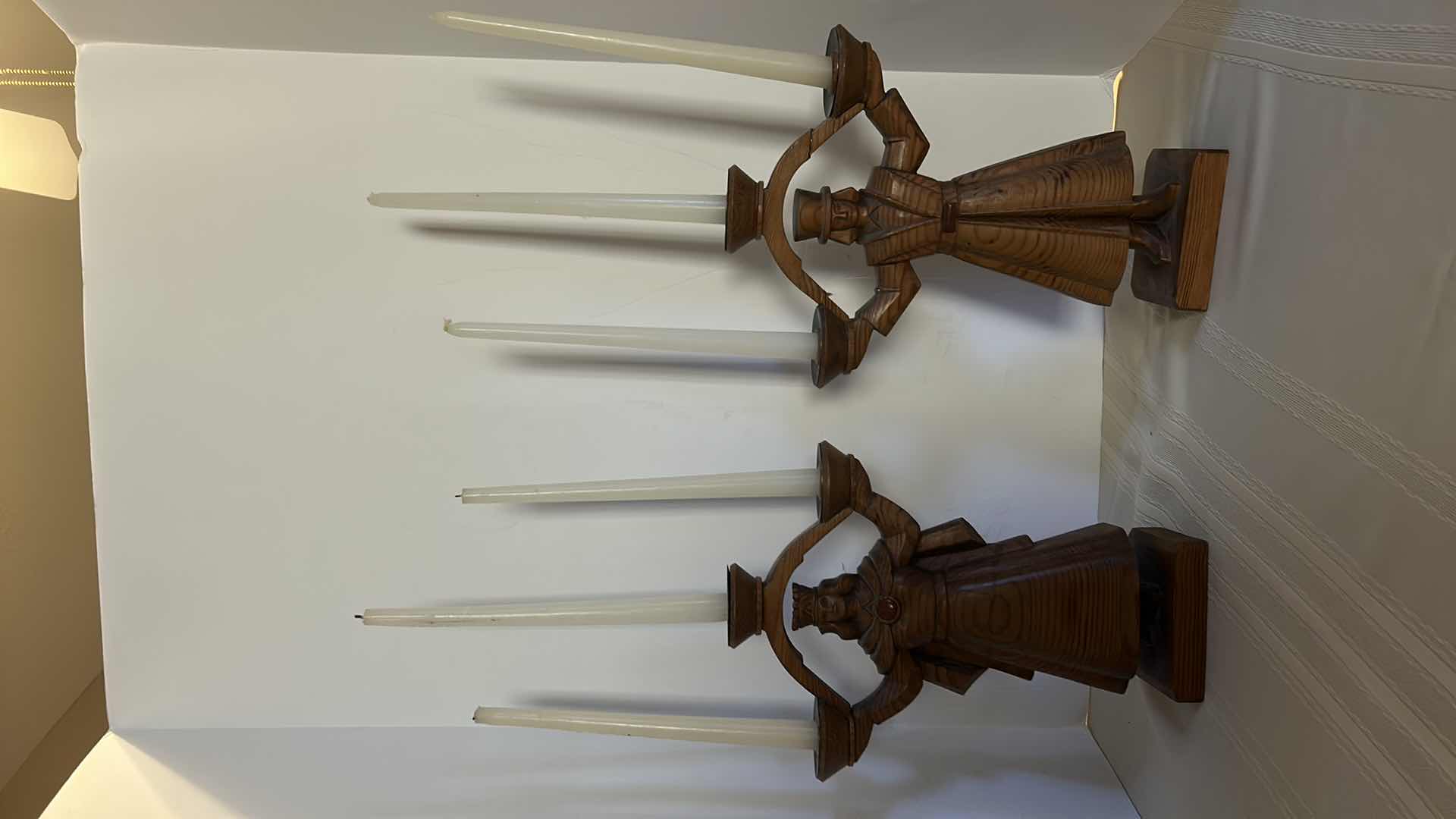 Photo 9 of TWO WOOD CANDLE HOLDERS FIGURES H14” WITH 6 11” TAPER CANDLES