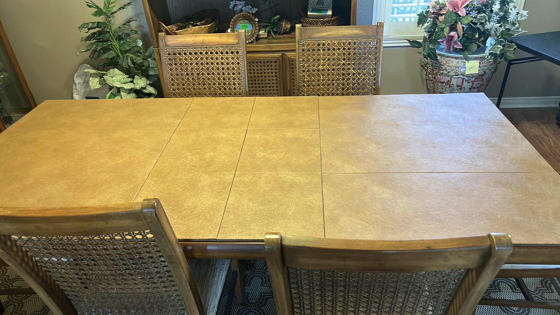 Photo 10 of WOOD DINING ROOM TABLE 7’ w LEAFS WITH 6 CANE BACK CHAIRS AND FITTED THICK FELT AND LAMINATE PADDING