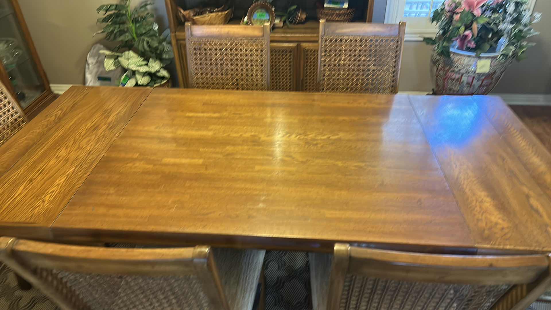 Photo 3 of WOOD DINING ROOM TABLE 7’ w LEAFS WITH 6 CANE BACK CHAIRS AND FITTED THICK FELT AND LAMINATE PADDING