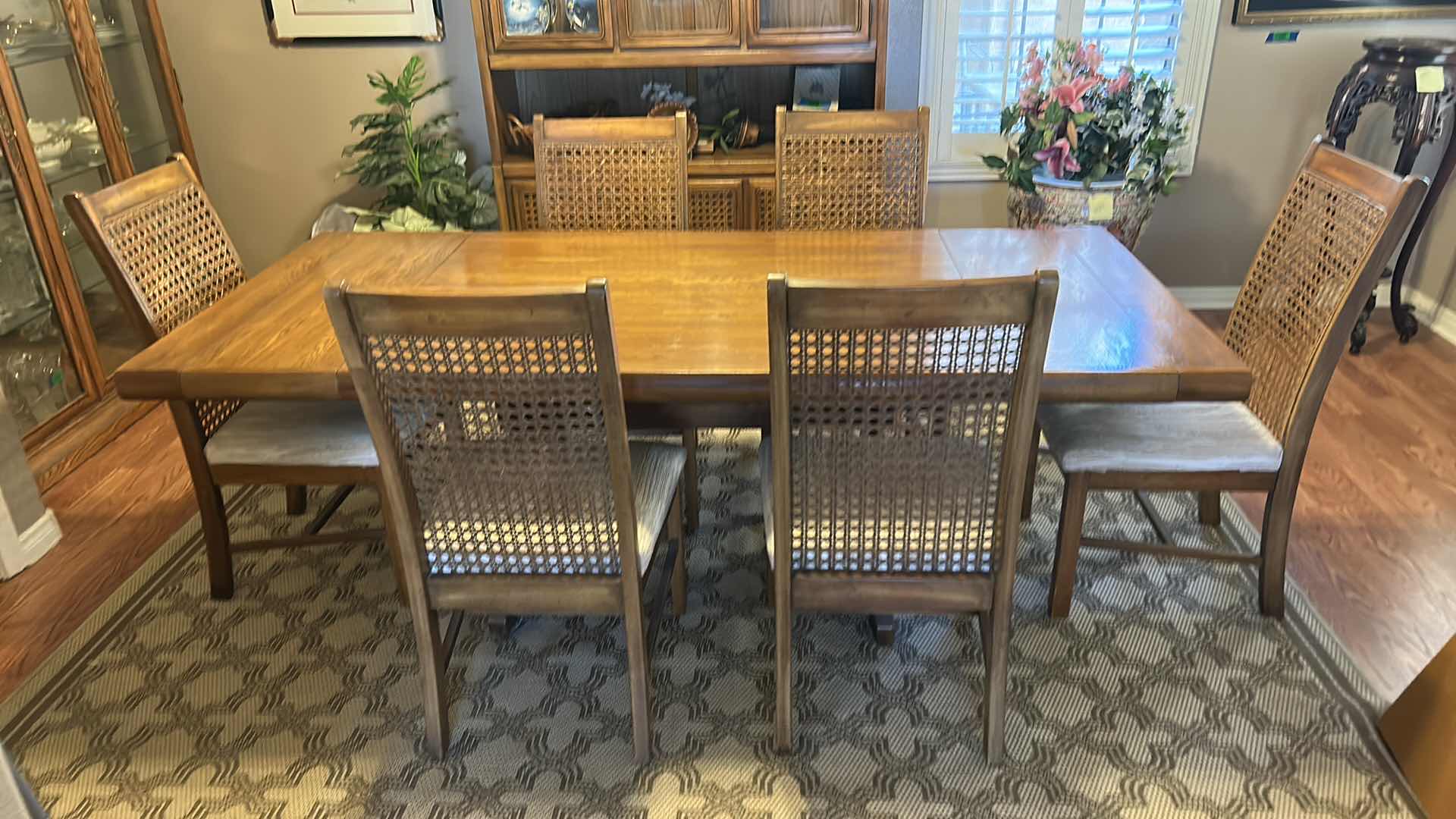 Photo 2 of WOOD DINING ROOM TABLE 7’ w LEAFS WITH 6 CANE BACK CHAIRS AND FITTED THICK FELT AND LAMINATE PADDING