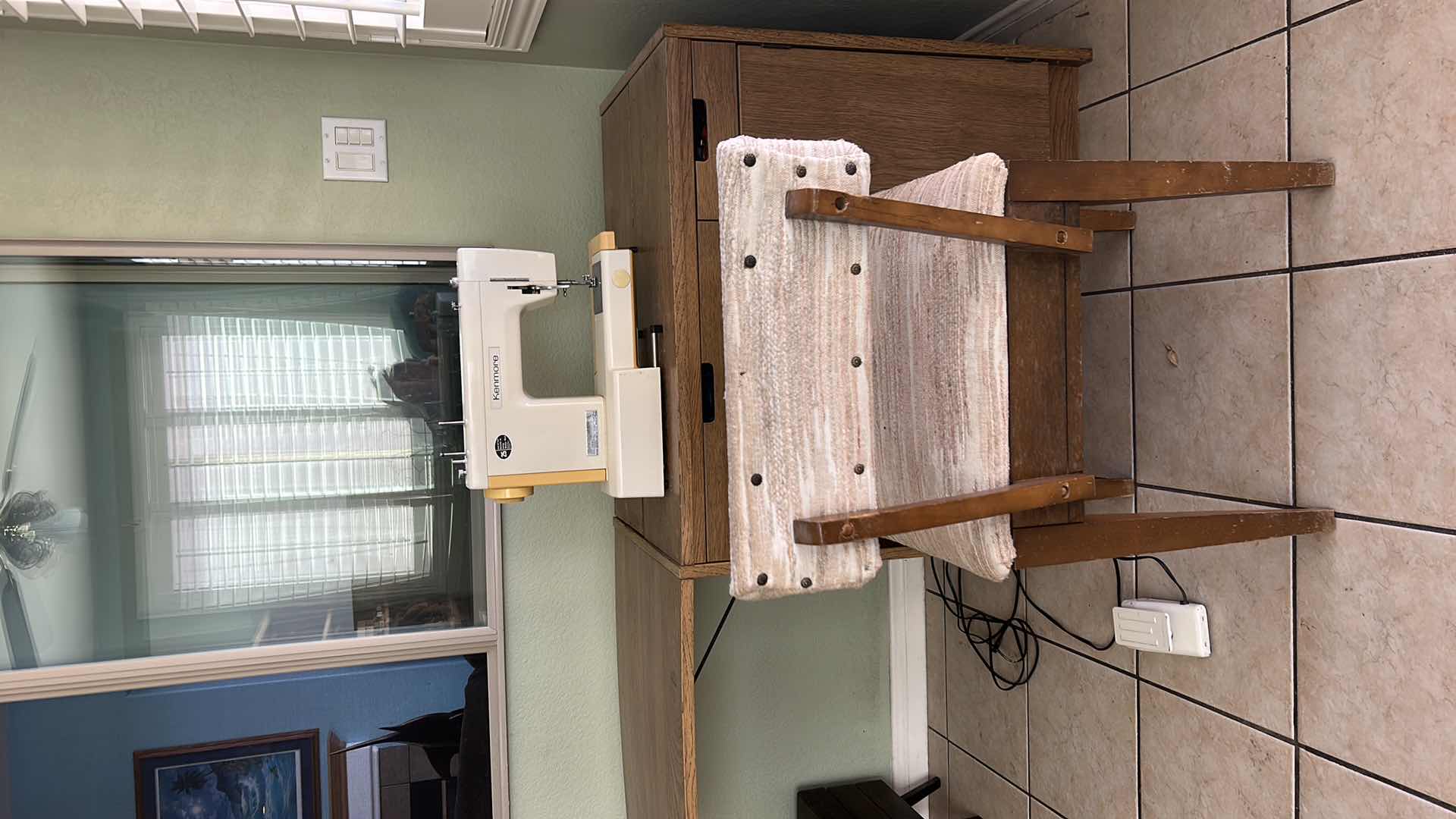 Photo 2 of VINTAGE SEWING TABLE AND CHAIR WITH KENMORE SEWING MACHINE AND ACCESSORIES