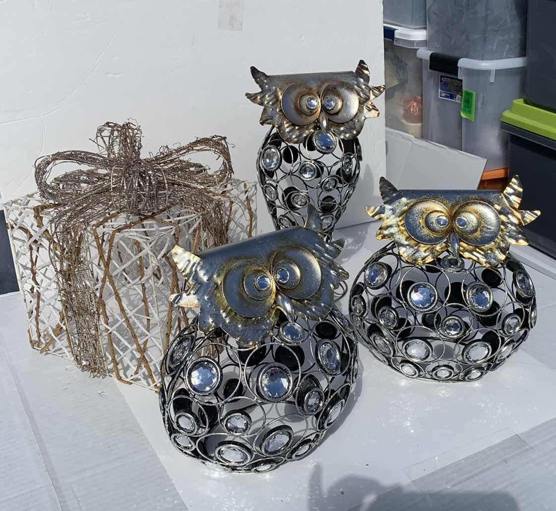 Photo 1 of CHRISTMAS DECORATIONS, METAL SCULPTURES, OWLS AND GIFT BOX