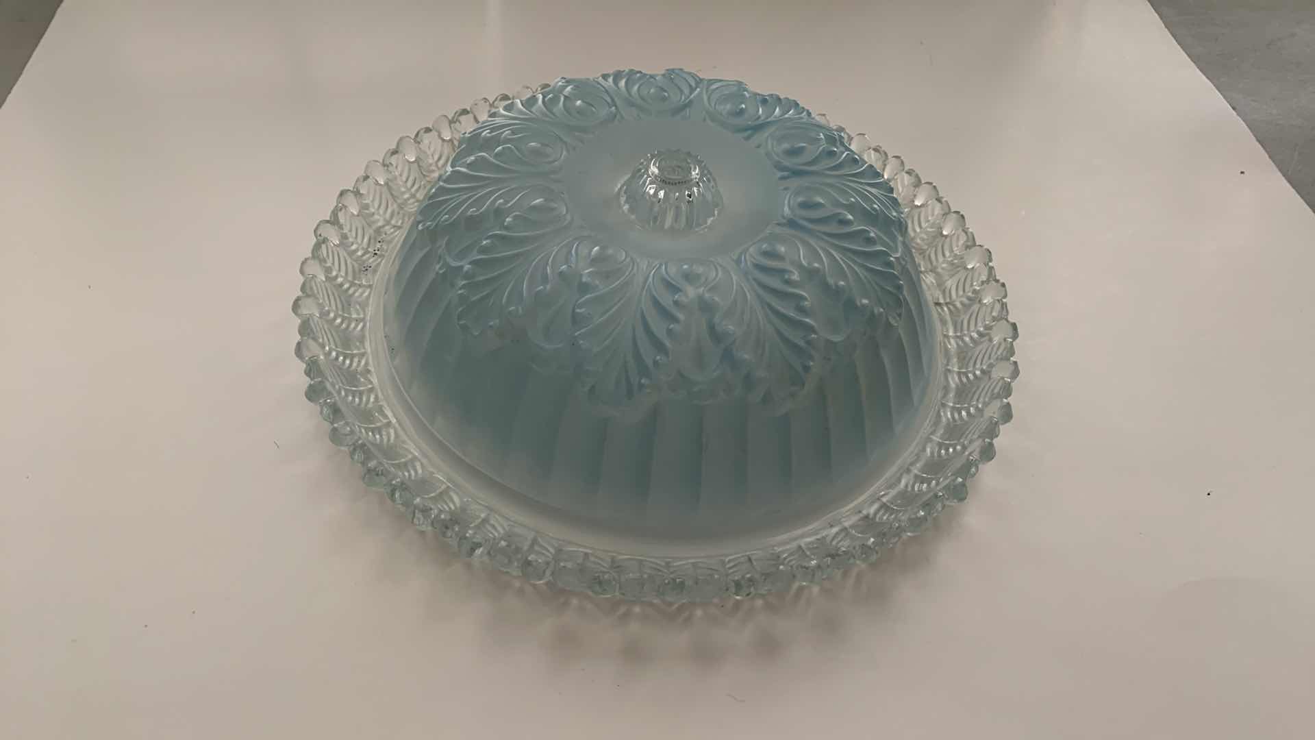 Photo 1 of ANTIQUE ART DECO BLUE AND CLEAR GLASS LIGHT SHADE 12” CIRCUMFERENCE
