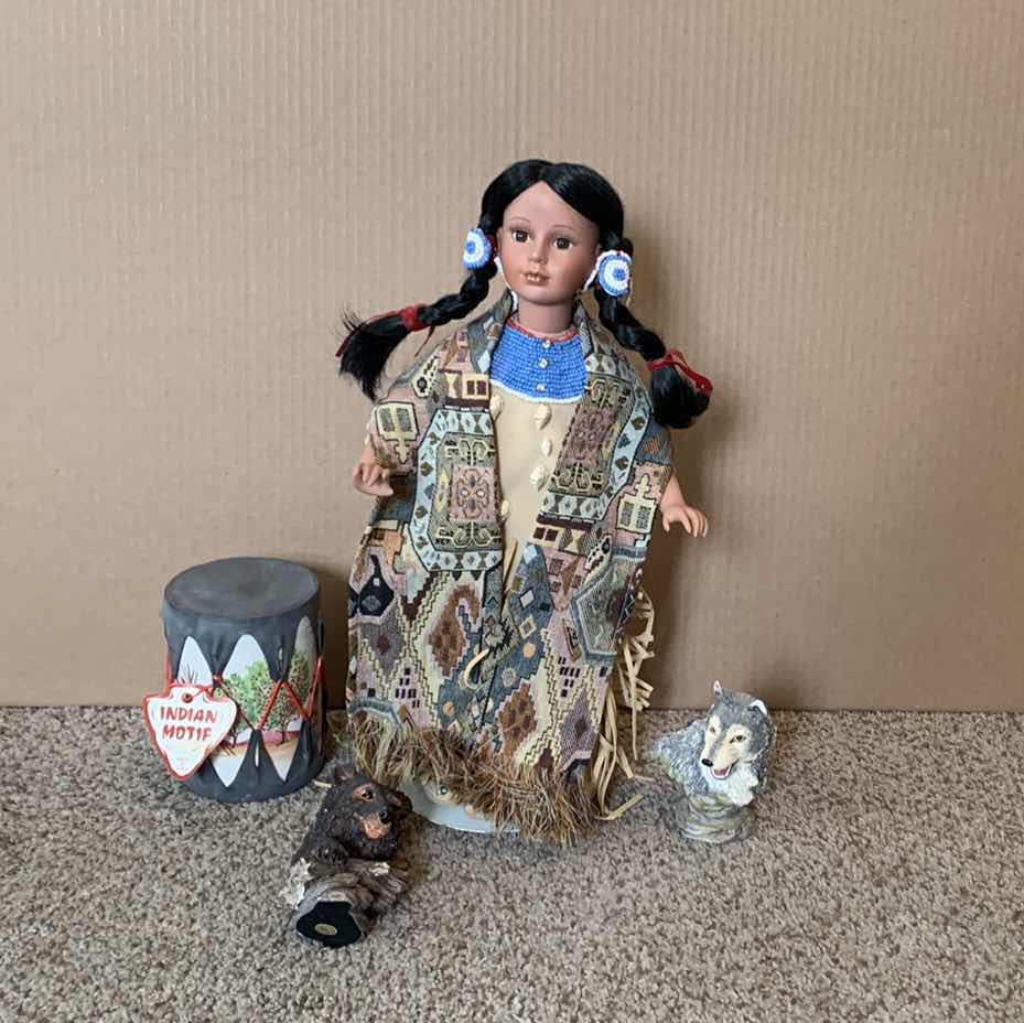 Photo 1 of PORCELAIN NATIVE AMERICAN DOLL AND COLLECTIBLE FIGURINES 17”