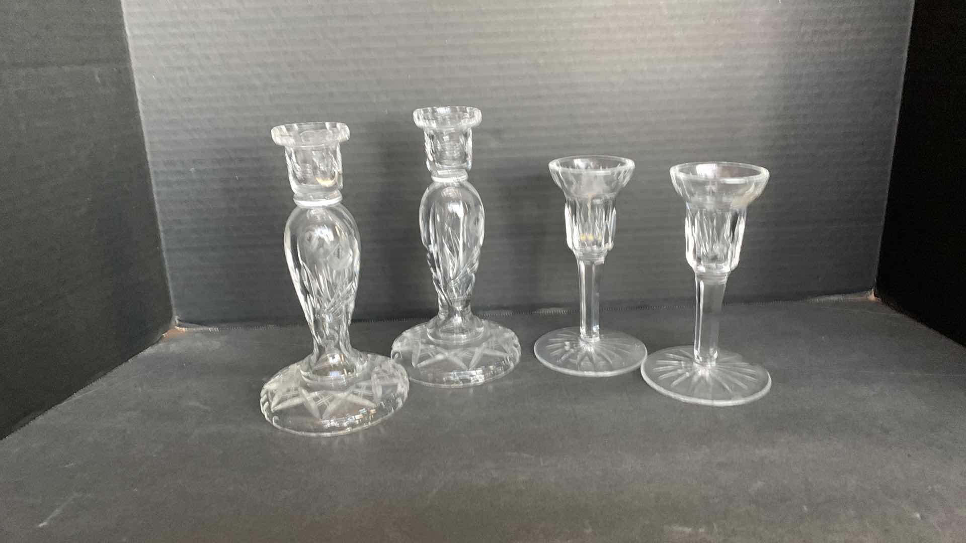 Photo 1 of 2-CRYSTAL CANDLESTICK HOLDERS TALLEST IS 8”