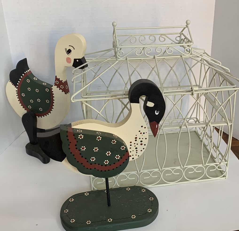 Photo 1 of 2-WOODEN DUCKS AND A METAL BASKET15” X 10” H 15”