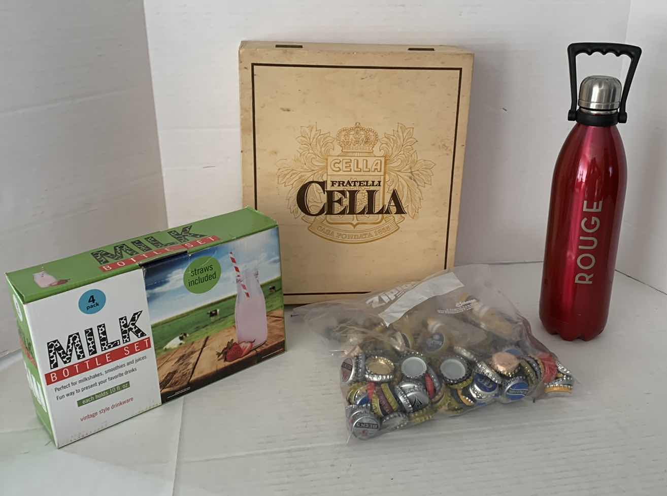 Photo 1 of BOTTLE CAPS, MILK BOTTLE SET, AND WINE CHILLER, WINE BOX