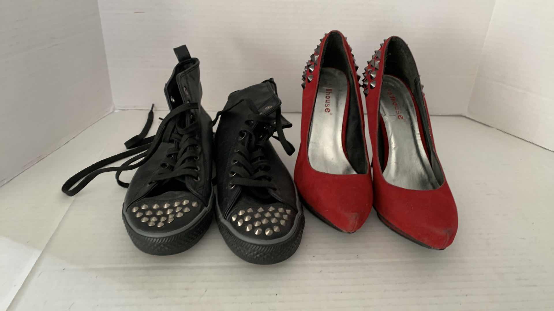 Photo 2 of WOMENS BRECKELLE LEATHER STUDDED MIDTOP STUDDED SNEAKERS SIZE 9 AND DOLLHOUSE STUDDED RED PUMPS SIZE 9