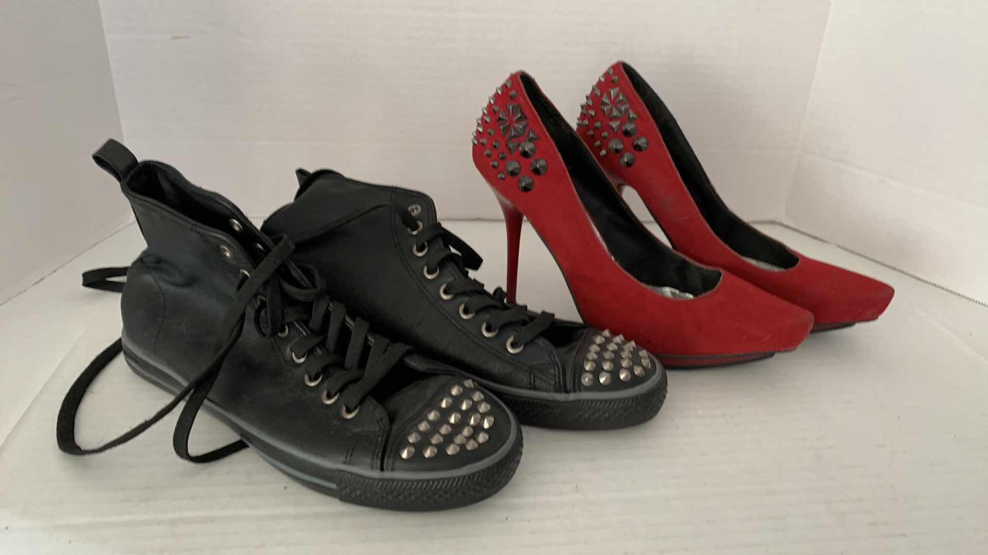 Photo 1 of WOMENS BRECKELLE LEATHER STUDDED MIDTOP STUDDED SNEAKERS SIZE 9 AND DOLLHOUSE STUDDED RED PUMPS SIZE 9