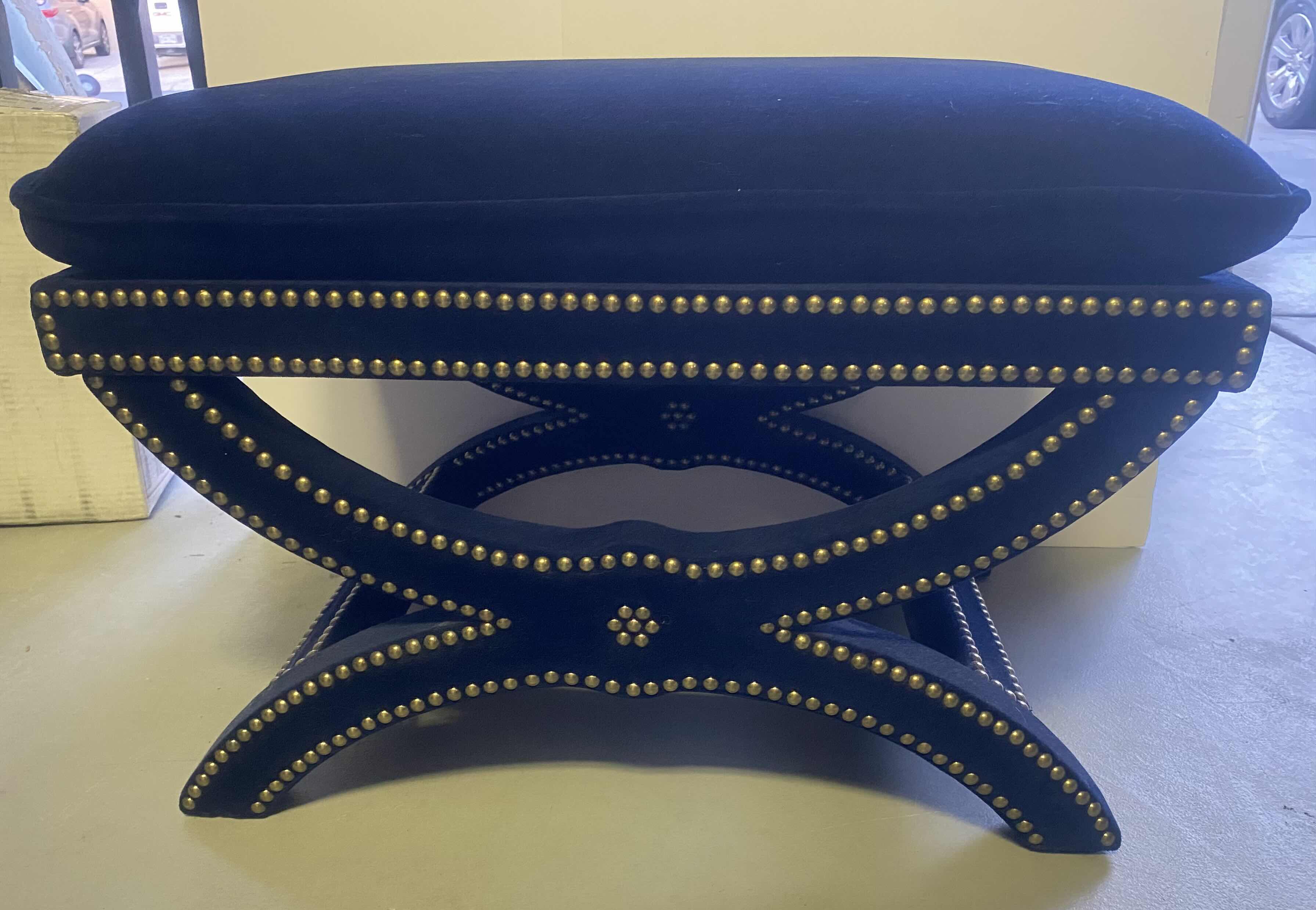 Photo 1 of ROYAL BLUE VELVET BENCH WITH ANTIQUE BRASS STUDS FROM FRONTGATE 28” x 20” H 18 1/2”