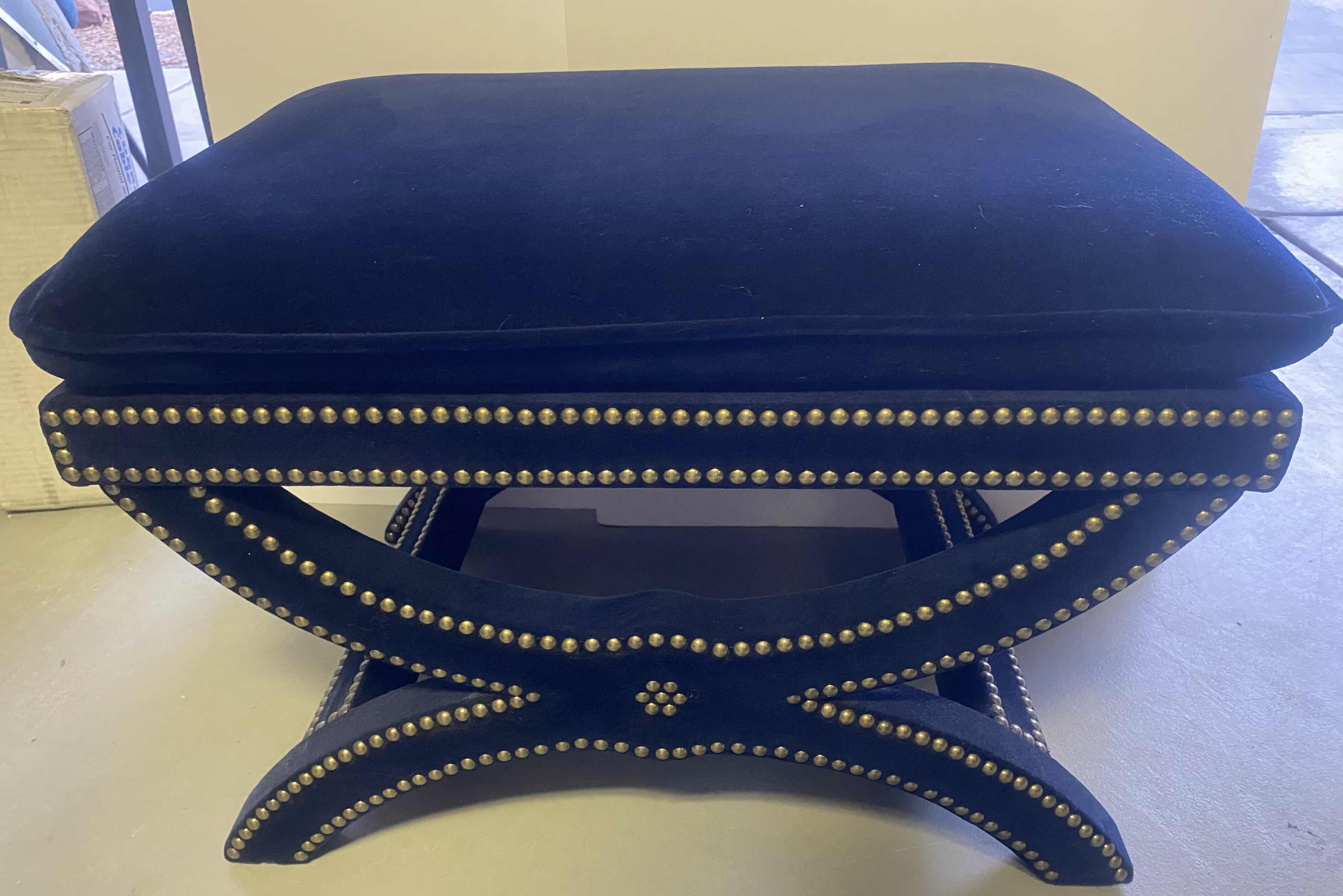 Photo 2 of ROYAL BLUE VELVET BENCH WITH ANTIQUE BRASS STUDS FROM FRONTGATE 28” x 20” H 18 1/2”