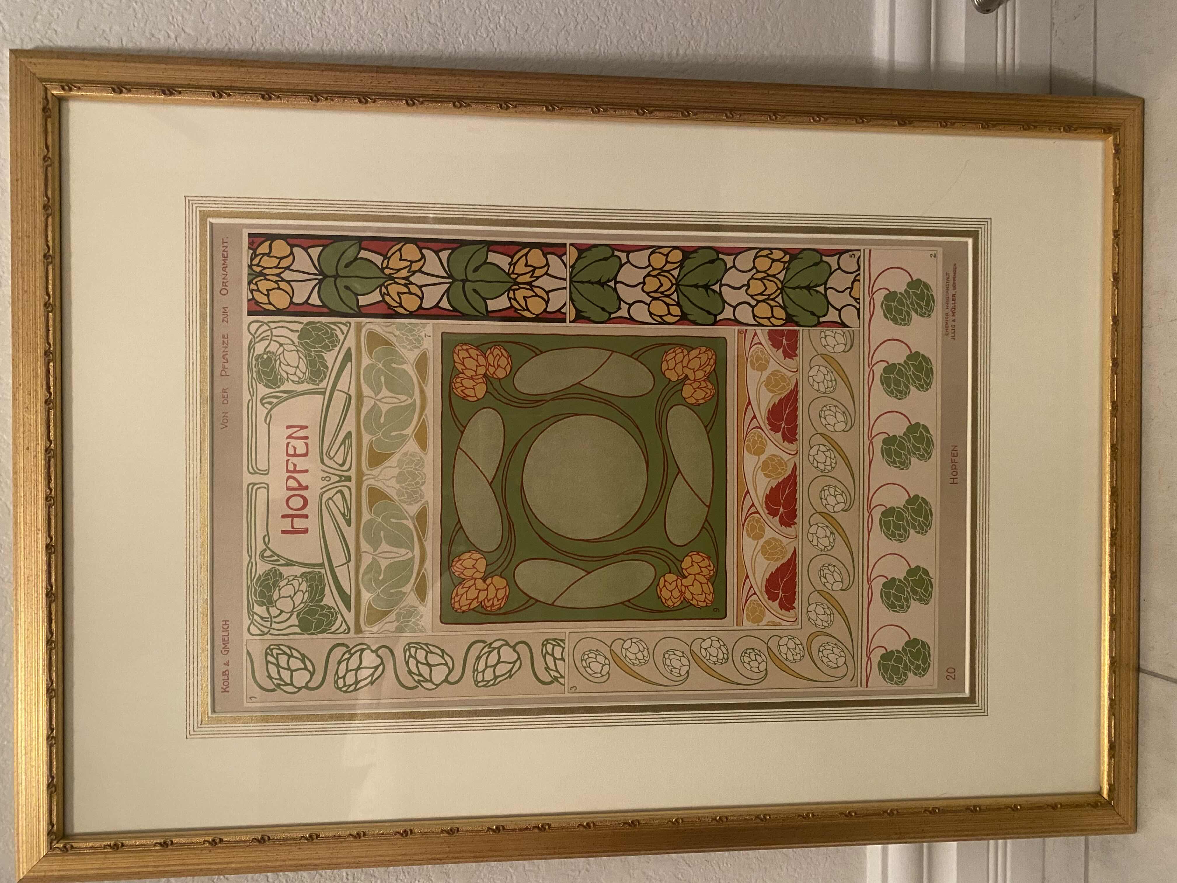 Photo 1 of GOLD WOOD CUSTOM FRAMED & MATTED CHROMOLITHOGRAPH, 1902 FROM PLANTS IN ORNAMENT GERMAN DESIGN BOOK HOPFEN ARTWORK  20” X 29 1/2”