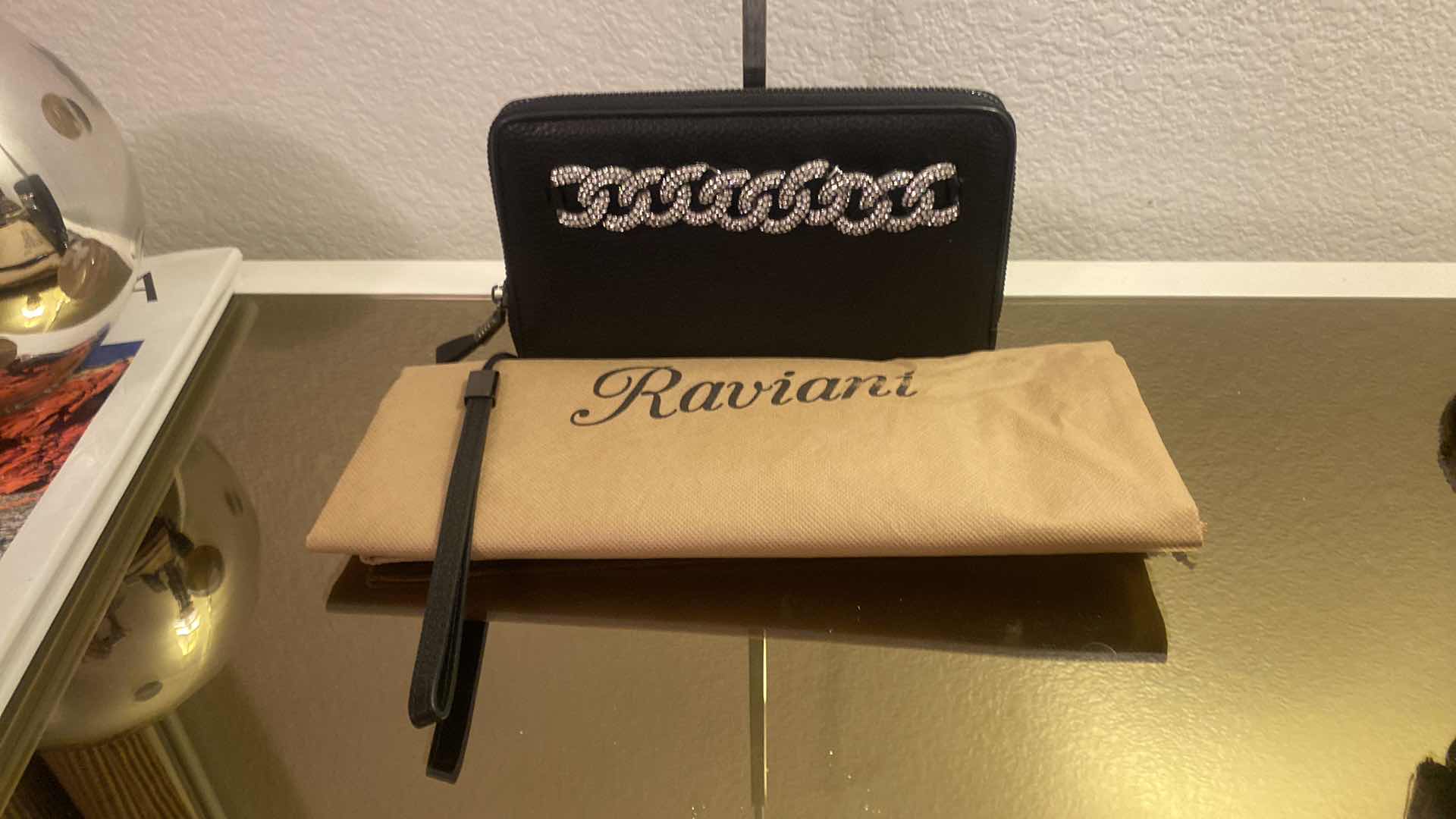 Photo 1 of  RAVIANI BLACK LEATHER WRISTLET WITH 12 CREDIT CARD SLOTS, BILL FLAP AND ZIPPER COIN POUCH  AND DUST BAG